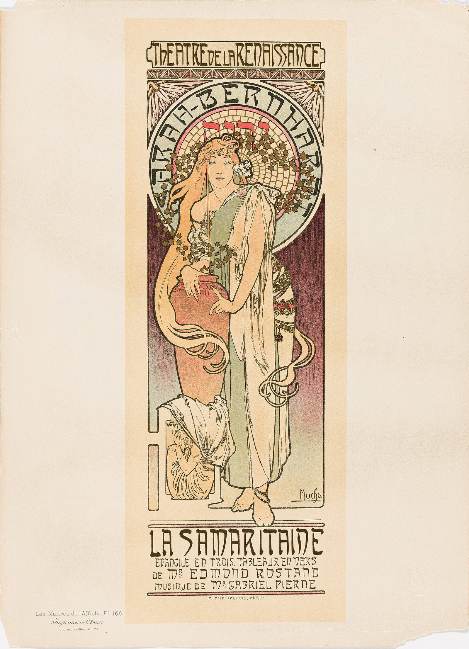 Alphonse Mucha, La Samaritaine. Maitre de l'Affiche pl. 166. 1899.: Alphonse Mucha 1860-1939 La Samaritaine. Maitre de l'Affiche pl. 166. 1899. Condition B+: losses in corners; slight darkening at edges; small repaired tear at left edge, tape on verso. Paper. 15¾
