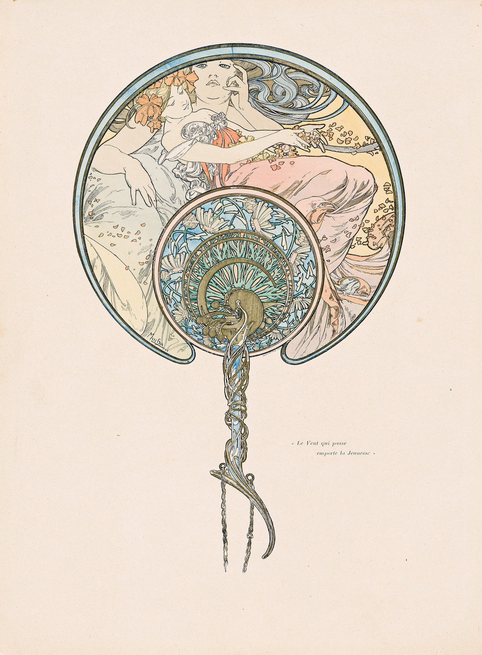 Alphonse Mucha, Le Vent Qui Passe Emporte la Jeunesse. 1899.: Alphonse Mucha 1860-1939 Le Vent Qui Passe Emporte la Jeunesse. 1899. Condition A-: small losses at corners; hinged at top to mat. Paper. This is the smaller format. (All var) Rennert / Weill 68 Var. 