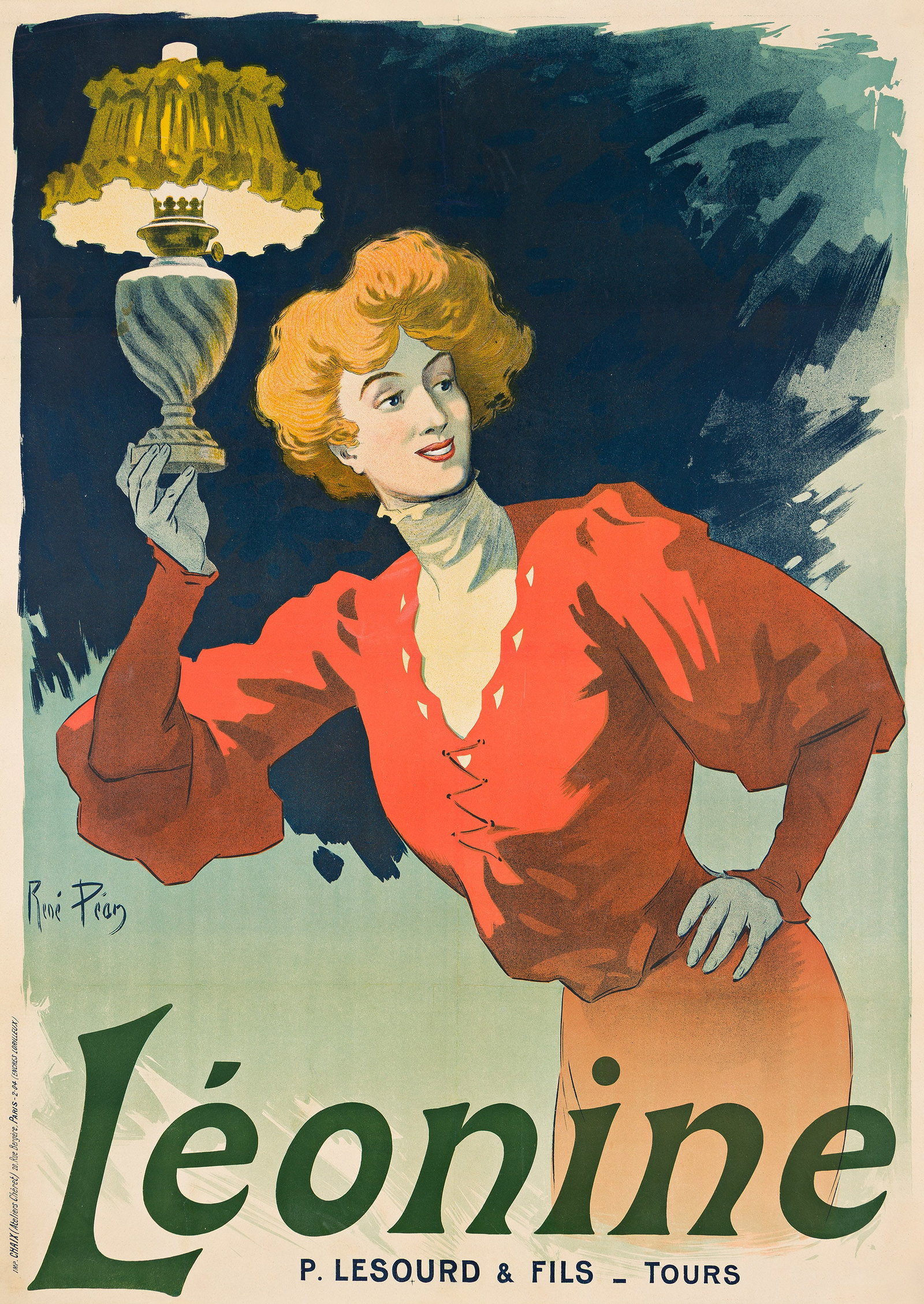 René Péan, Léonine. 1904.: René Péan 1875-1945 Léonine. 1904. Condition B+: repaired tears at edges, one through lower text; creases and overpainting in text, image and along horizontal and vertical folds. 48
