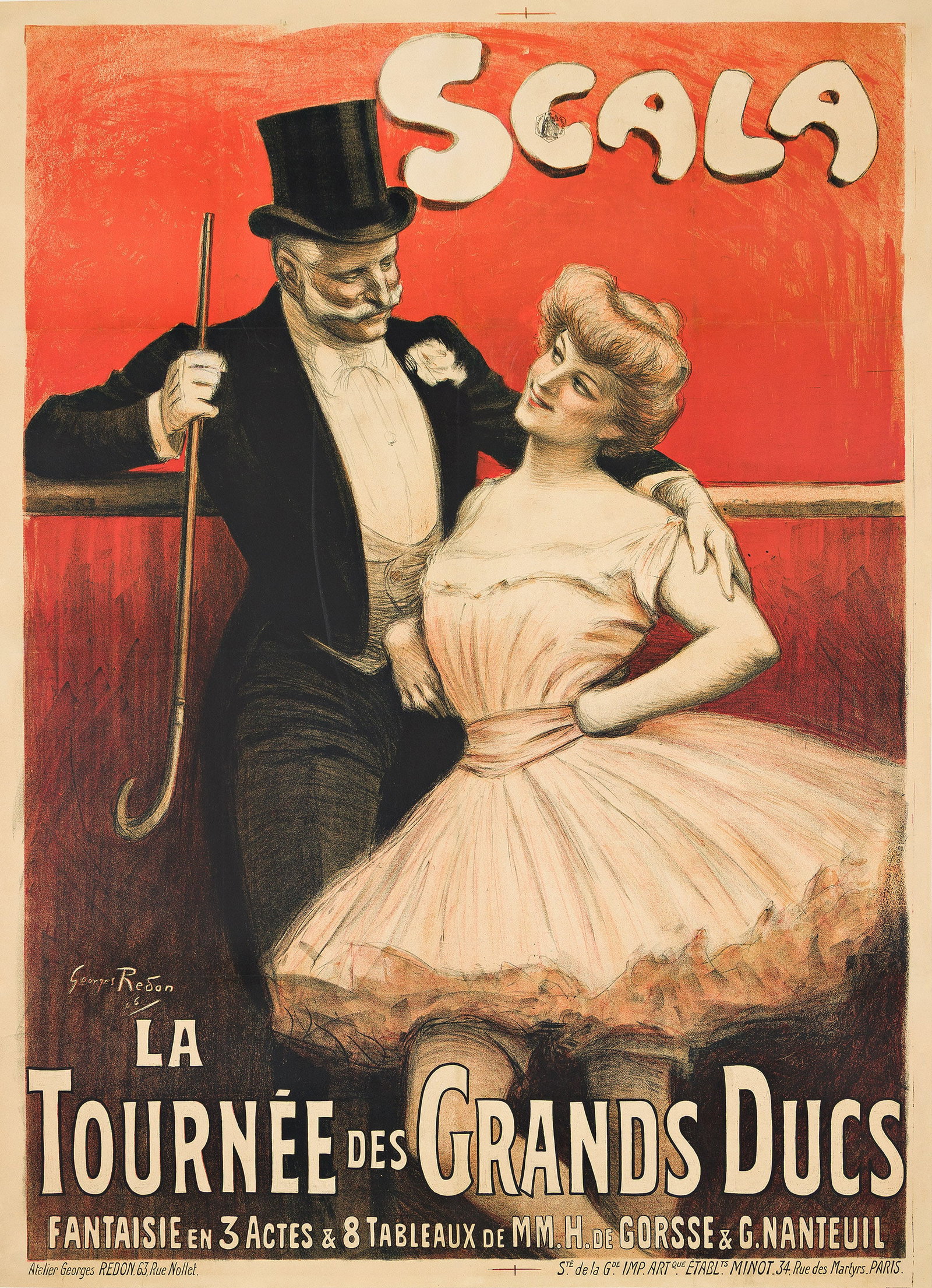 Jules Georges Redon, Scala / La Tournée des Grands Ducs. 1906.: Jules Georges Redon 1869-1943 Scala / La Tournée des Grands Ducs. 1906. Condition A-: creases and overpainting in margins and along horizontal and vertical folds; abrasions in image. Georges Redo