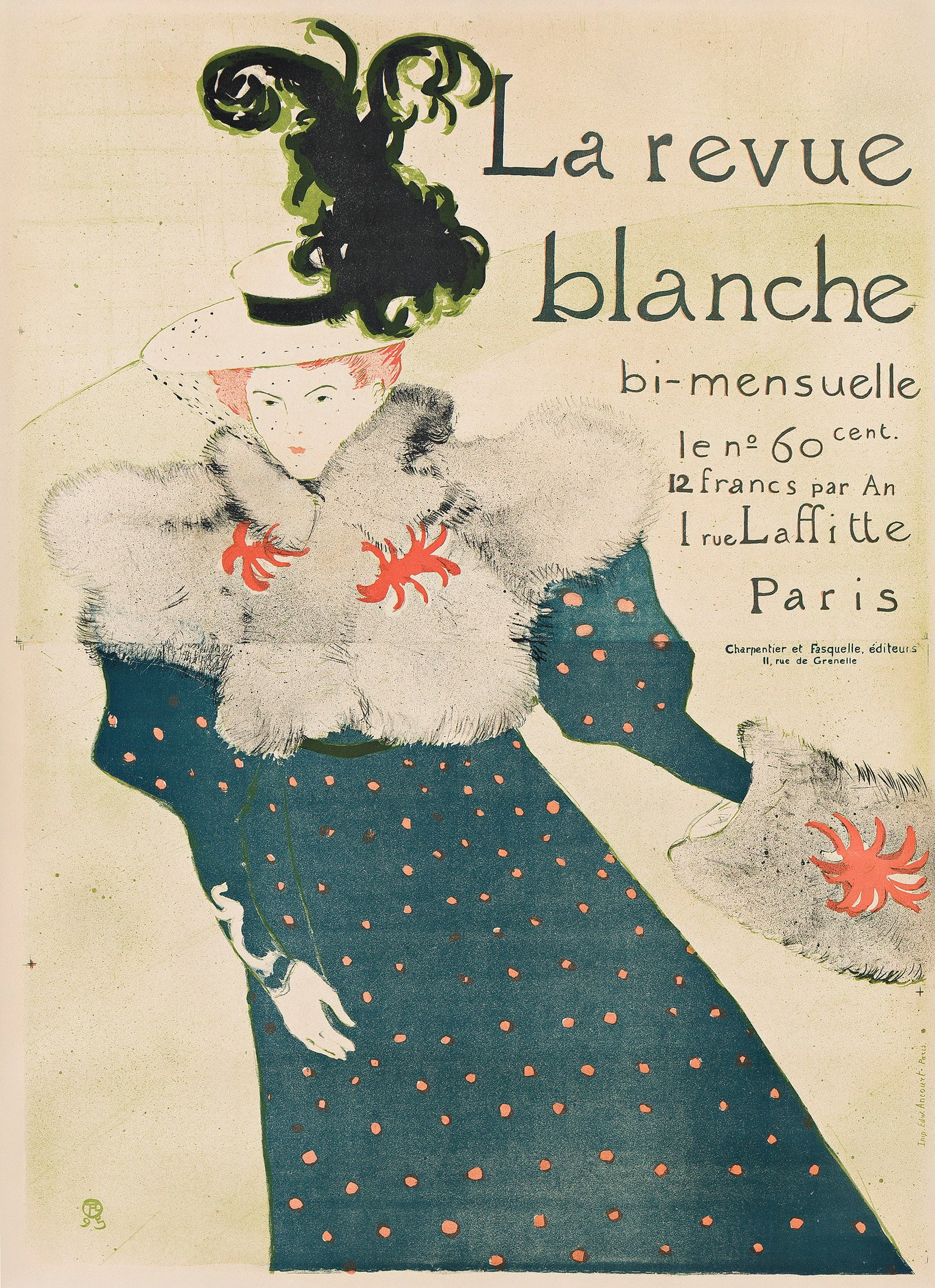 Henri de Toulouse-Lautrec, La Revue Blanche. 1895.: Henri de Toulouse-Lautrec 1864-1901 La Revue Blanche. 1895. Condition A-: expert unobtrusive overpainting in margins. Two-sheets. Misia Natanson, the wife of one of the founders of La Revue Blanche, a