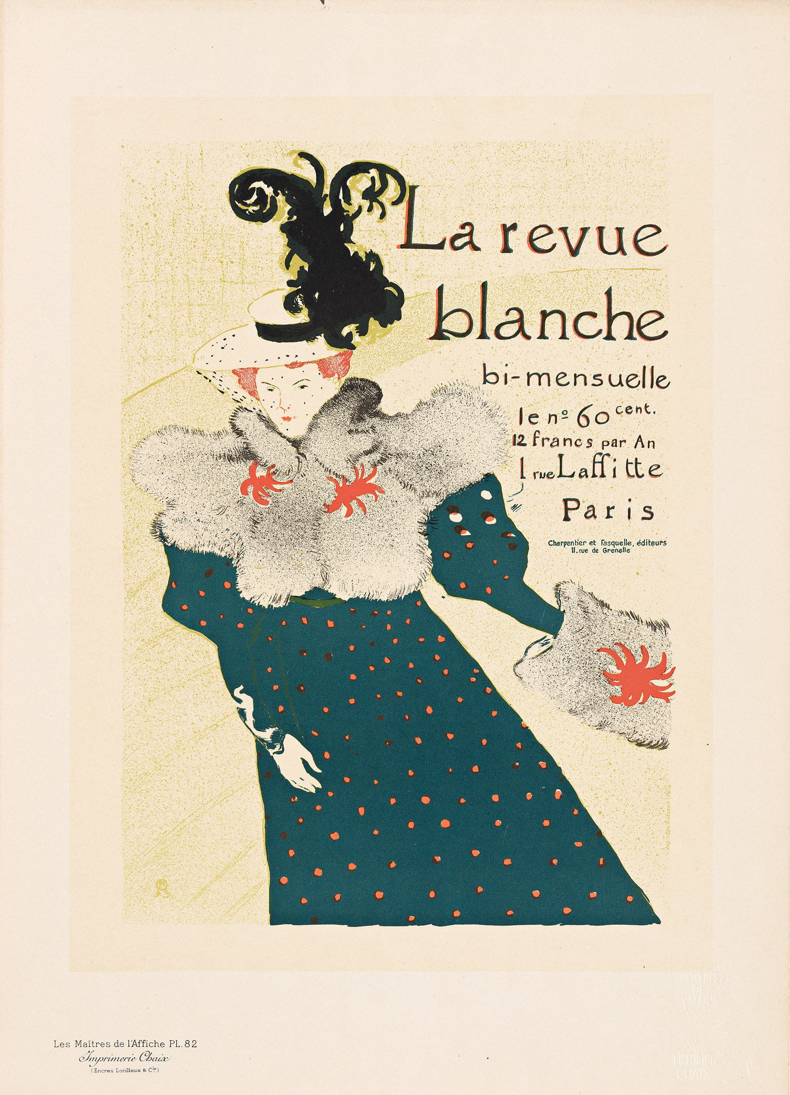 Henri de Toulouse-Lautrec, La Revue Blanche. Maitres de l'Affiche pl. 82. 1897.: Henri de Toulouse-Lautrec 1864-1901 La Revue Blanche. Maitres de l'Affiche pl. 82. 1897. Condition A / A-: small loss at top edge; slight darkening at top and left edges. Paper. 15¾x11½ inch