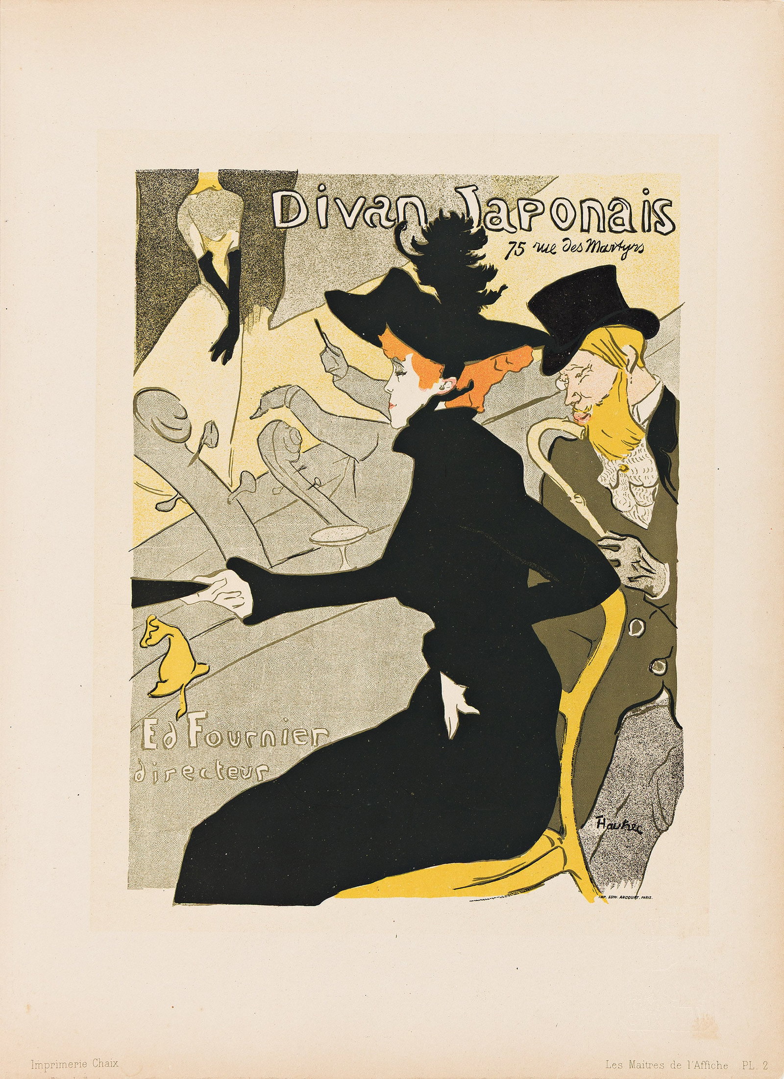 Henri de Toulouse-Lautrec, Divan Japonais. Maitres de l'Affiche pl. 2. 1896.: Henri de Toulouse-Lautrec 1864-1901 Divan Japonais. Maitres de l'Affiche pl. 2. 1896. Condition A-: slightly trimmed, affecting printer's text; slight darkening at edges. Paper. 15¼x11¼ inch