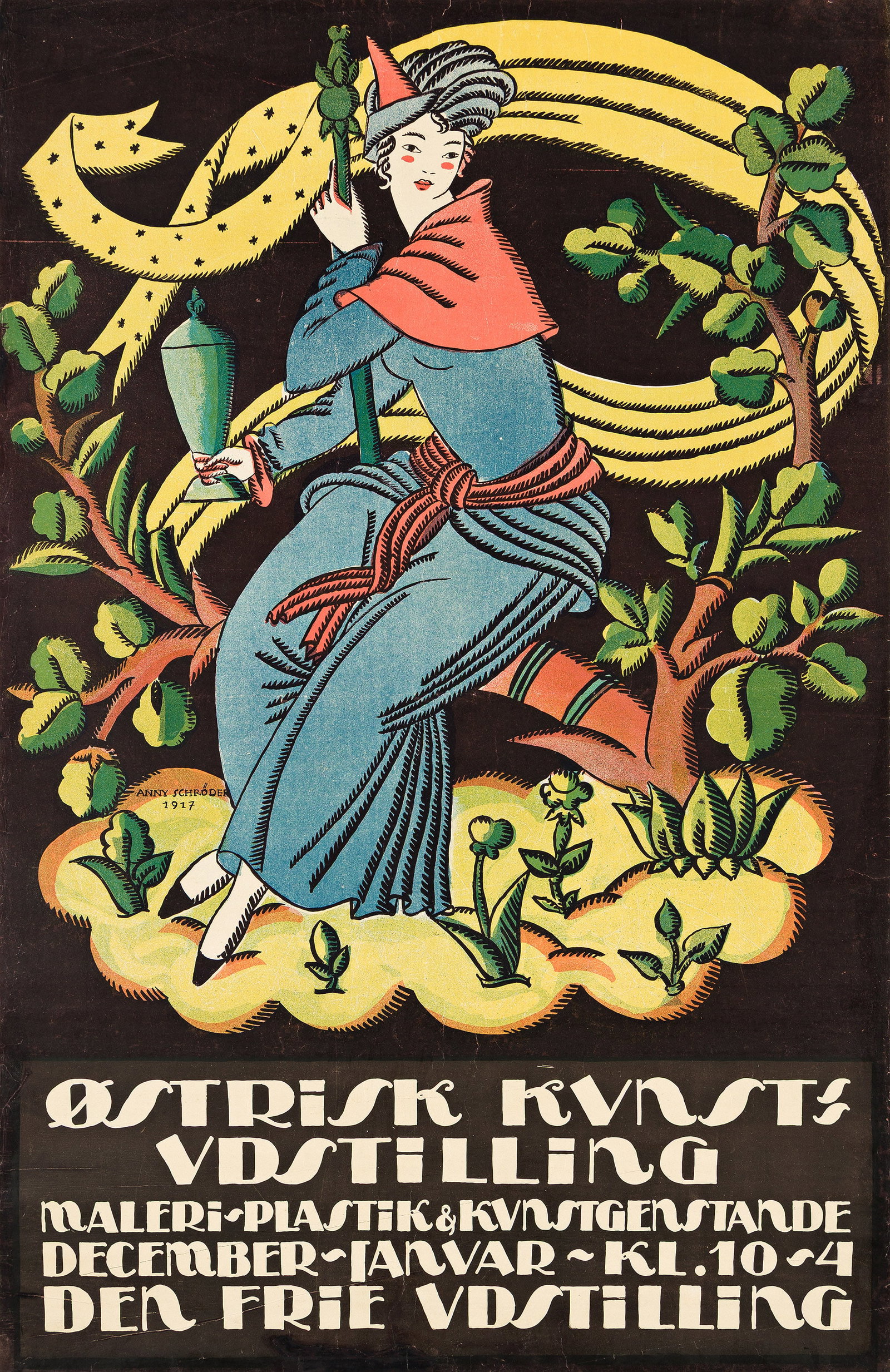 Anny Schroder, Ostrisk Kunst = Udstilling. 1917.: Anny Schroder 1898-1972 Ostrisk Kunst = Udstilling. 1917. Condition B+: repaired tears, overpainting, creases and abrasions in margins, text and image; repaired pin holes in corners; linen trimmed to 