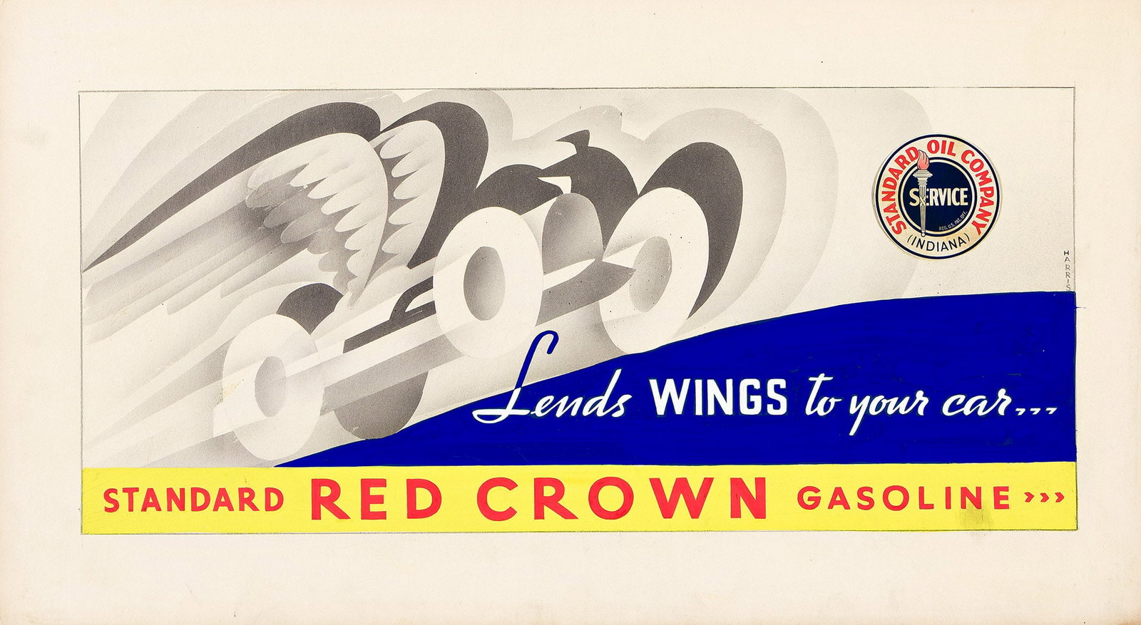 Nathan Sidney Harris, Standard Red Crown Gasoline. Gouache maquette. Circa 1920s-30s.: Nathan Sidney Harris Dates Unknown Standard Red Crown Gasoline. Gouache maquette. Circa 1920s-30s. Condition A / A-: minor abrasions and darkening at edges; gouache and collaged logo on "Ch