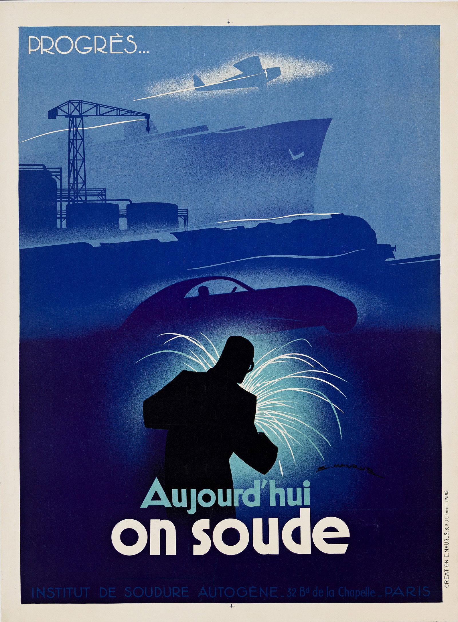 Edmond Maurus, Dates Unknown, Aujourd'Hui on Soude / Progrés. Circa 1930s. (1 of 1)