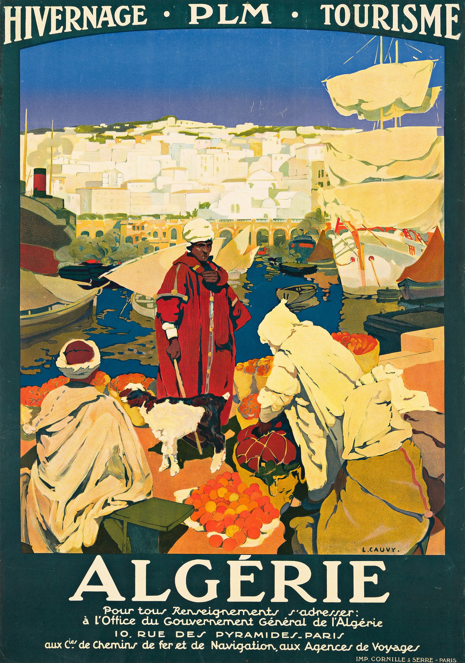 Léon Cauvy, Algérie / PLM. 1929.: Léon Cauvy 1874-1933 Algérie / PLM. 1929. Condition B+: repaired tears, creases, abrasions and minor overpainting at edges and in image. Mounted on Chartex. "In 1907, Léon Cauvy . . . b