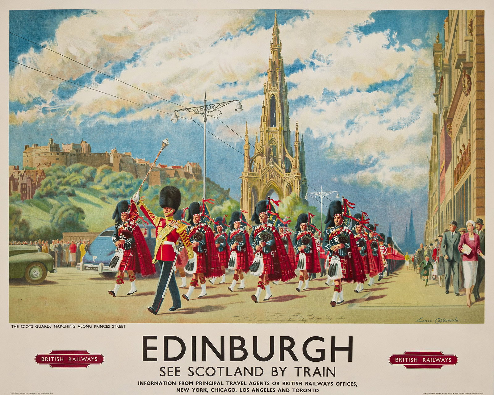 Lance Cattermole, Edinburgh / See Scotland by Train. Circa 1950.: Lance Cattermole 1898-1992 Edinburgh / See Scotland by Train. Circa 1950. Condition A-: expert overpainting in margins and around text. Furness Vol. 1, p. 42. 40x50 inches, 101½x127 cm. Waterlow 