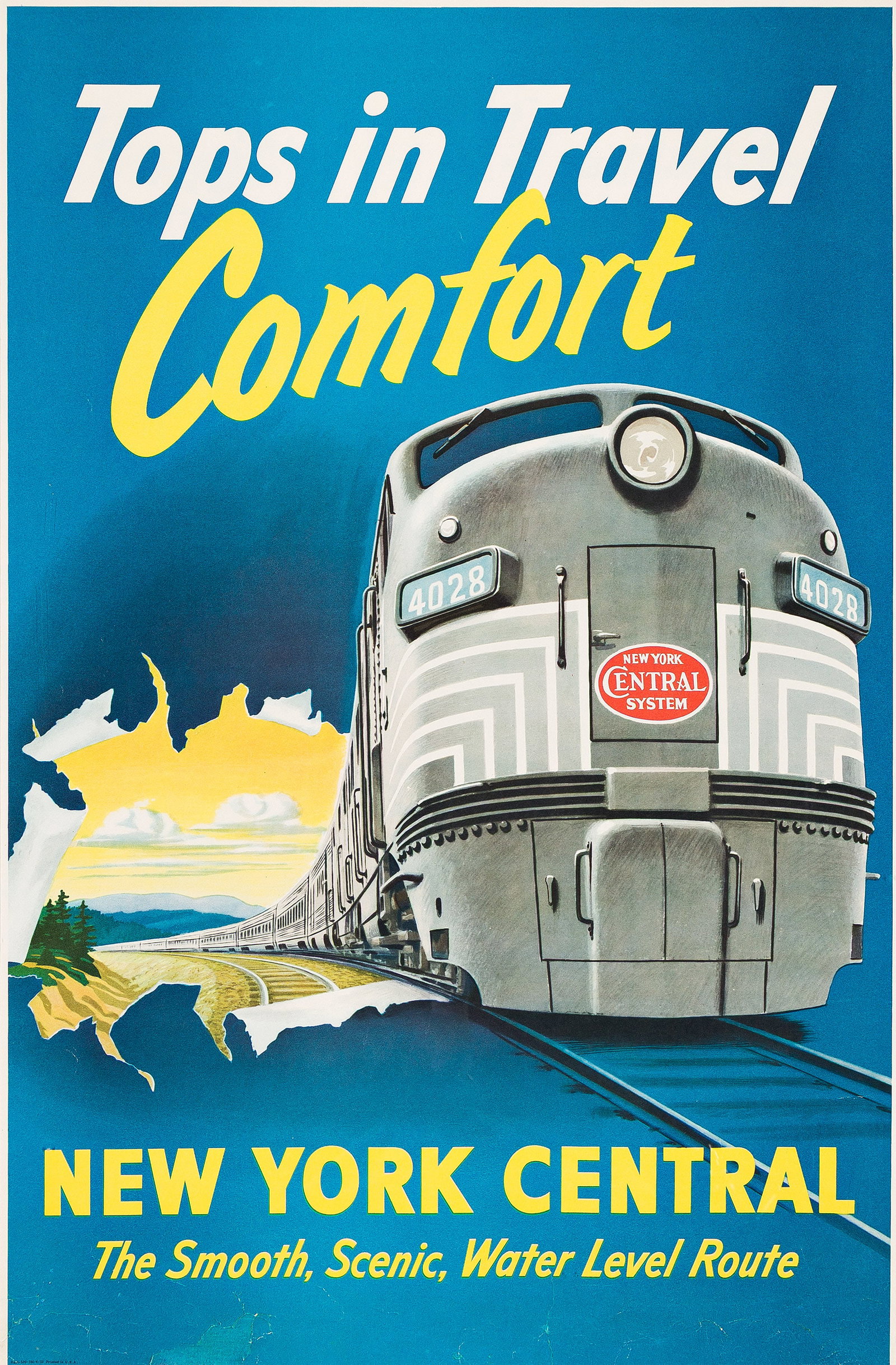 Designer Unknown, Tops In Travel Comfort / New York Central. Circa 1950s.: Designer Unknown Tops In Travel Comfort / New York Central. Circa 1950s. Condition B: replaced and overpainted section at lower left edge; repaired tears, creases, abrasions and restoration at bottom 