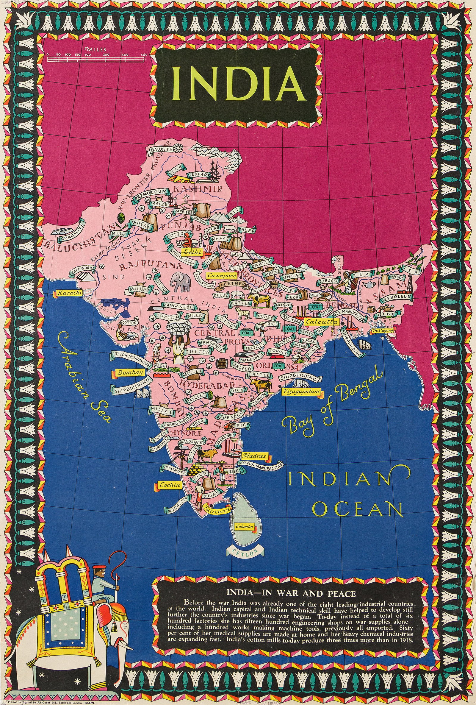 Designer Unknown, India - in War and Peace. 1940s.: Designer Unknown India - in War and Peace. 1940s. Condition B+: small tears, creases and abrasions in margins; minor abrasions in image; Oakland Public Library ink stamps at edges; linen trimmed to ed