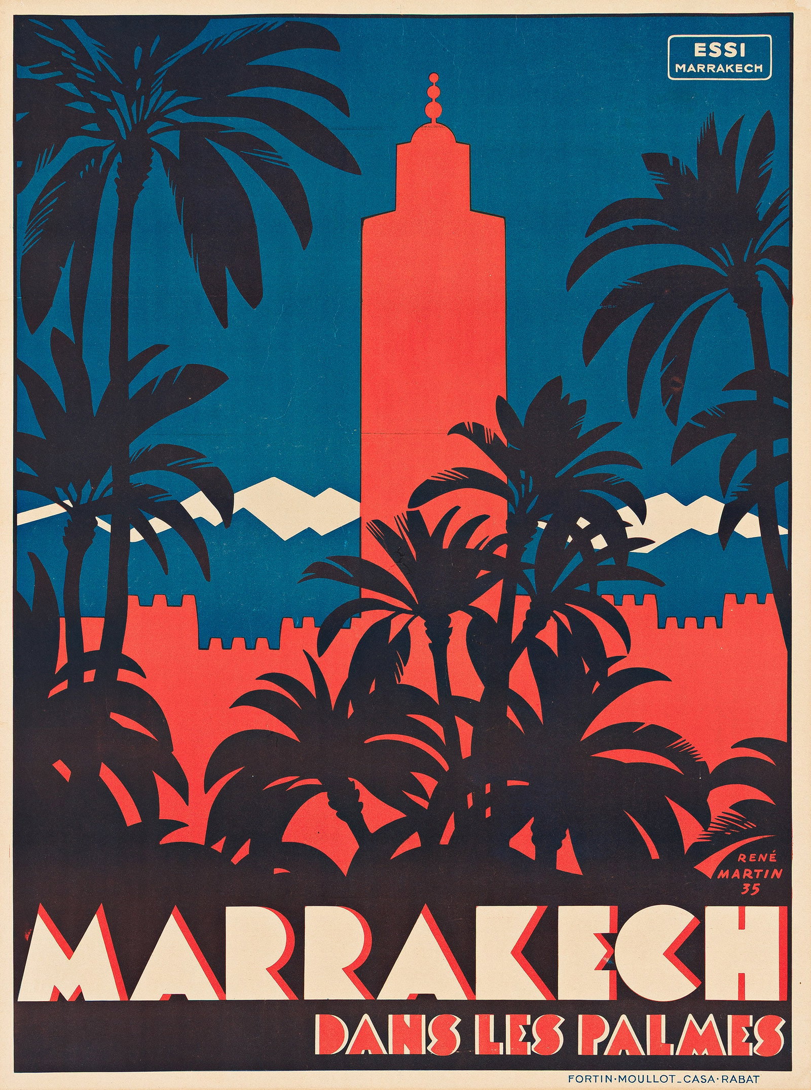 René Martin, Marrakech dans Les Palmes. 1935.: René Martin 1891-1977 Marrakech dans Les Palmes. 1935. Condition B+: replaced loss in upper right corner; repaired tears at edges; minor creases, abrasions and restoration in margins and image. 3
