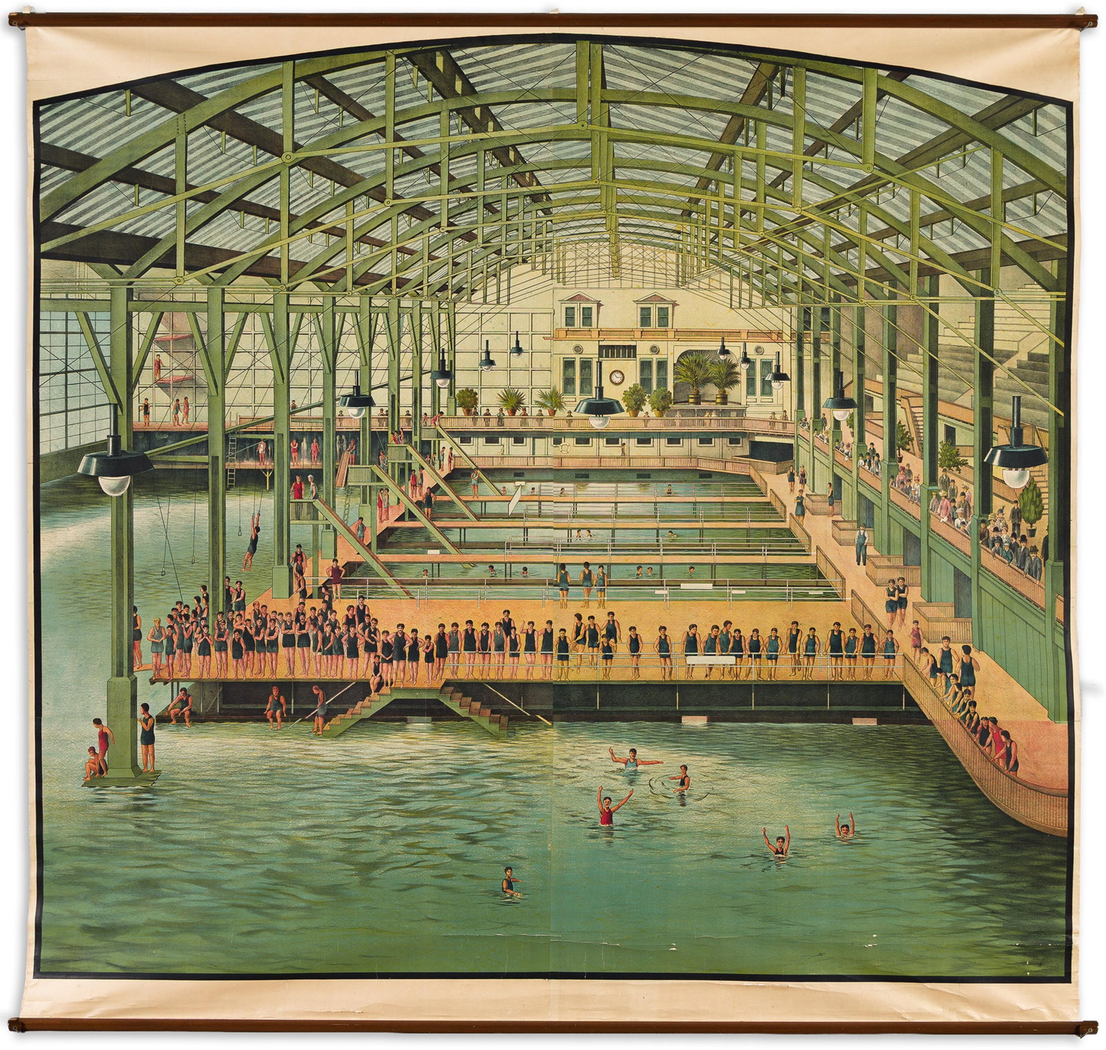 Designer Unknown, [Sutro Baths]. 1896.: Designer Unknown [Sutro Baths]. 1896. Condition B+: sharp creases with abrasions and some flaking in lower image and margin; creases in margins and image; backed directly to linen, with wood dowels at