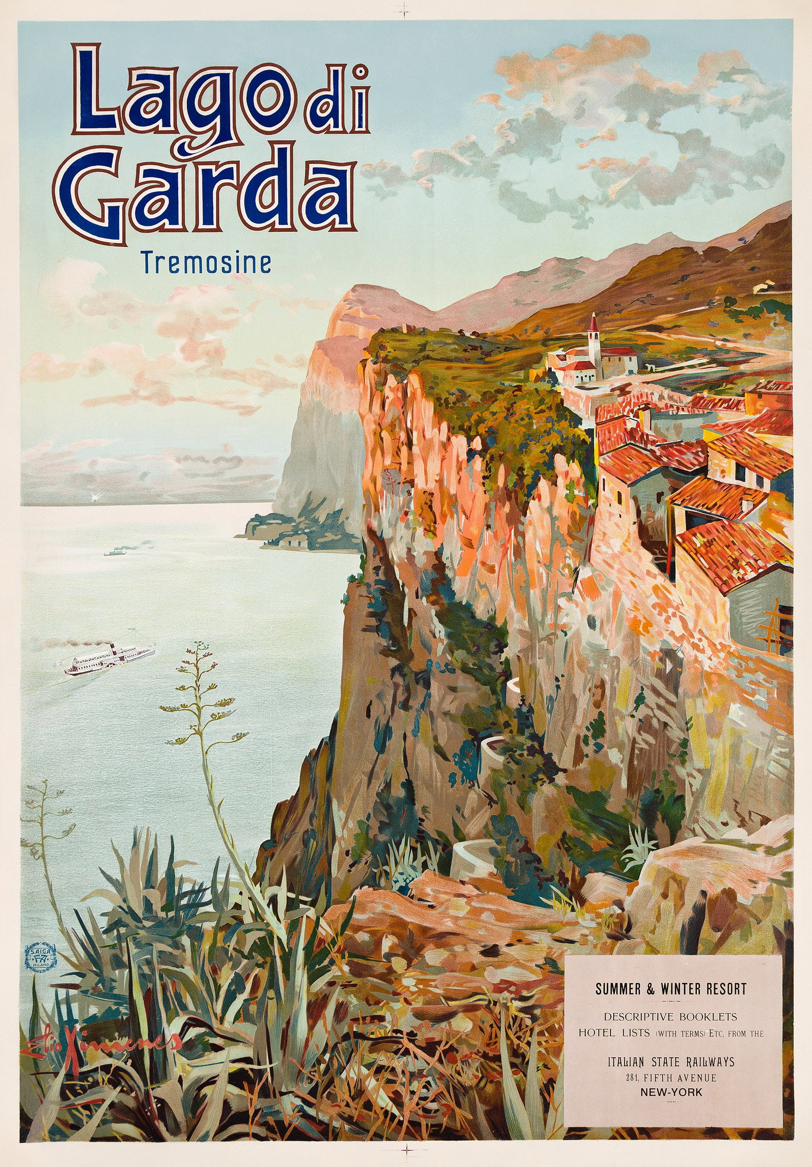 Elio Ximenes, Lago di Garda. Circa 1905.: Elio Ximenes 1855-1926 Lago di Garda. Circa 1905. Condition A- / B+: expert overpainting in margins and upper image, around text. Ximenes designed a number of travel posters, primarily featuring the I