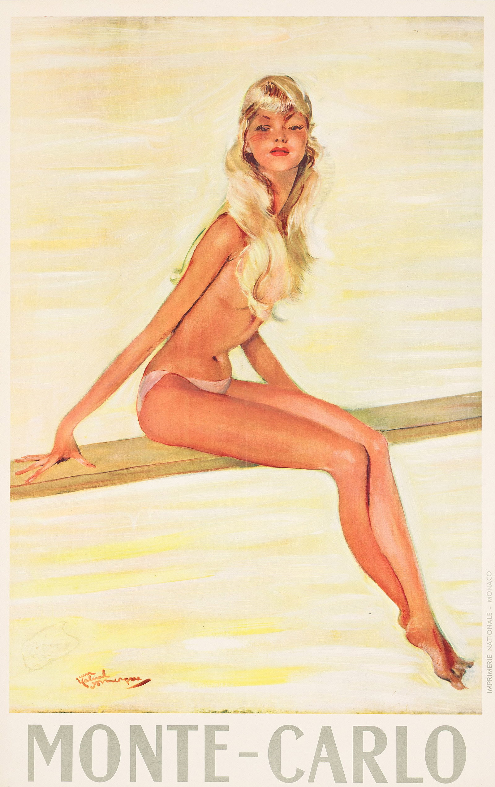 Jean-Gabriel Domergue, Monte - Carlo. Circa 1950.: Jean-Gabriel Domergue French, 1889-1962 Monte - Carlo. Circa 1950. Condition A-: small replaced losses at lower left corner and upper left edge; minor creases in margins and image and along vertical a