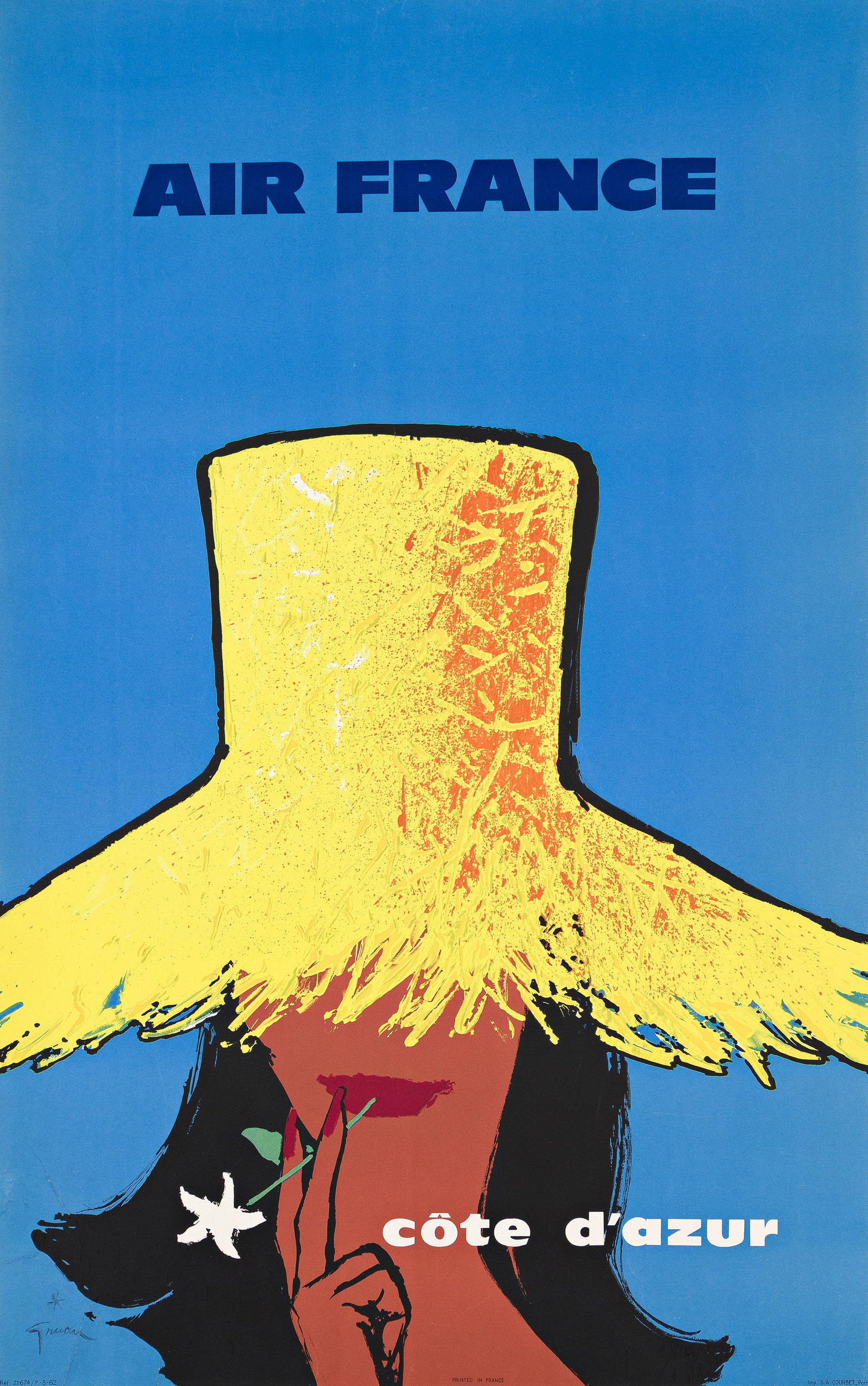 René Gruau, Air France / Côte d'Azur. 1962.: René Gruau 1909-2004 Air France / Côte d'Azur. 1962. Condition A-: minor repaired tears and restoration in lower left corner; minor creases in partial silkscreen; linen trimmed to edges. Pre