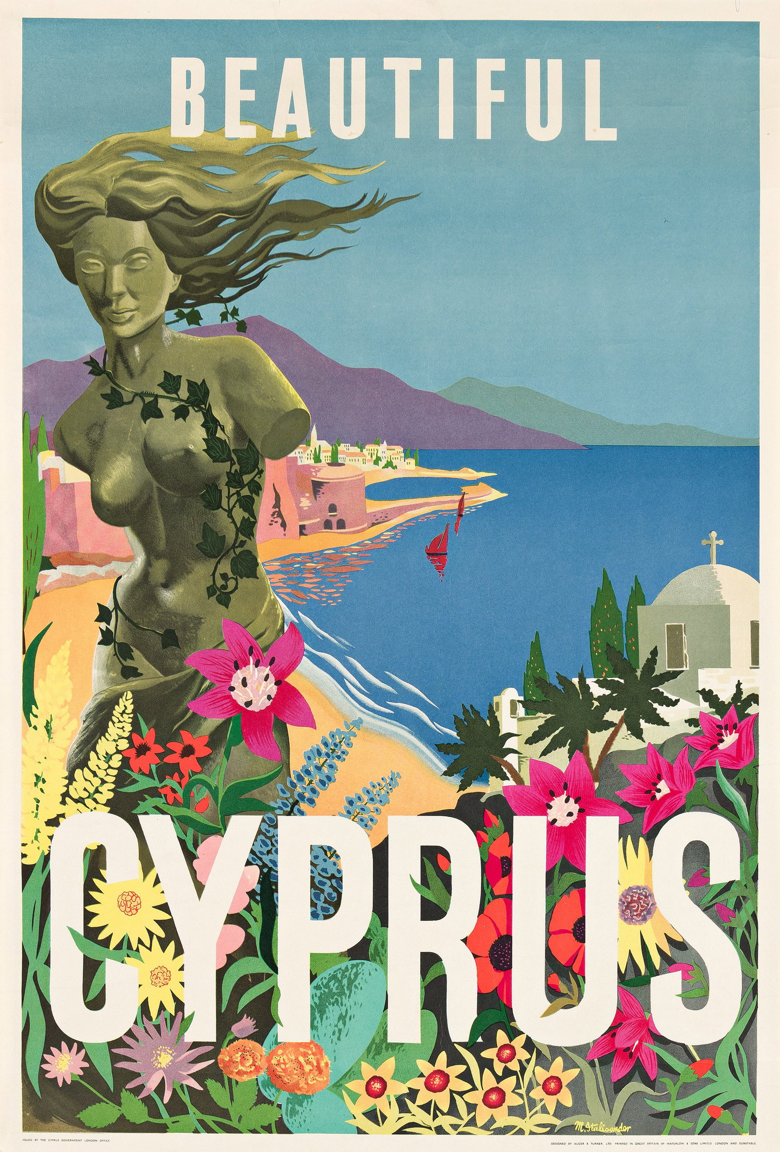 Michael Italiaander, Beautiful Cyprus. Circa 1950.: Michael Italiaander 1923-? Beautiful Cyprus. Circa 1950. Condition B+ / A-: creases in margins and image; small tear at top edge. A poster produced by Auger & Turner, Ltd., a prominent London-base