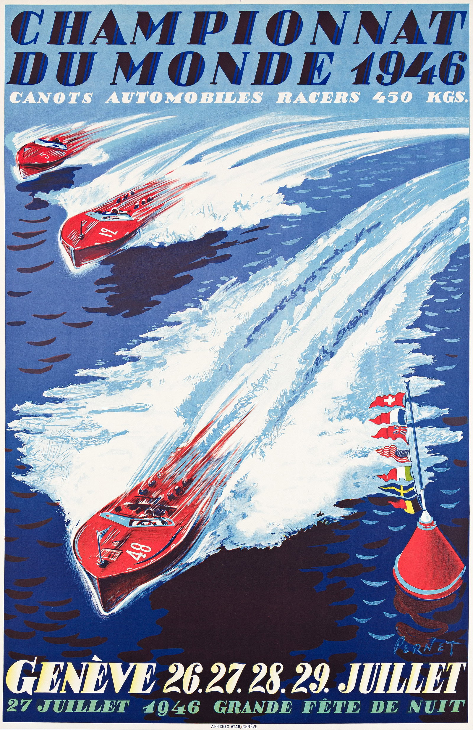 Percival Pernet, Championnat du Monde Genève. 1946.: Percival Pernet 1890-1977 Championnat du Monde Genève. 1946. Condition A: linen trimmed to edges. In addition to his posters for the Championnat du Monde in 1946 and 1948, Swiss artist Pernet des