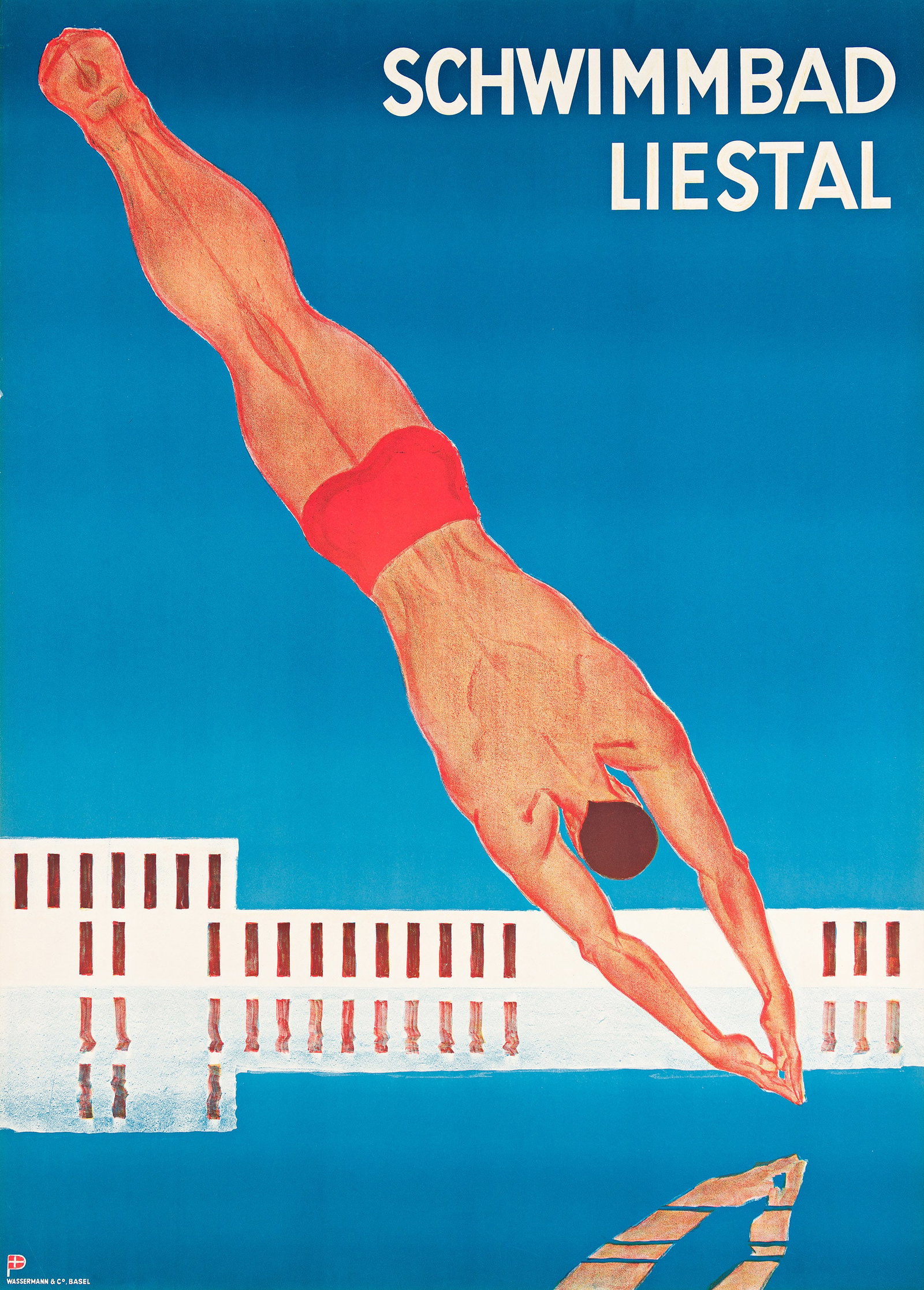 Otto Plattner, Schwimmbad Liestal. 1933.: Otto Plattner 1886-1951 Schwimmbad Liestal. 1933. Condition A: minor creases in lower left corner; linen trimmed to edges. Preview On Your Wall. A dynamic and modern image advertising the first public