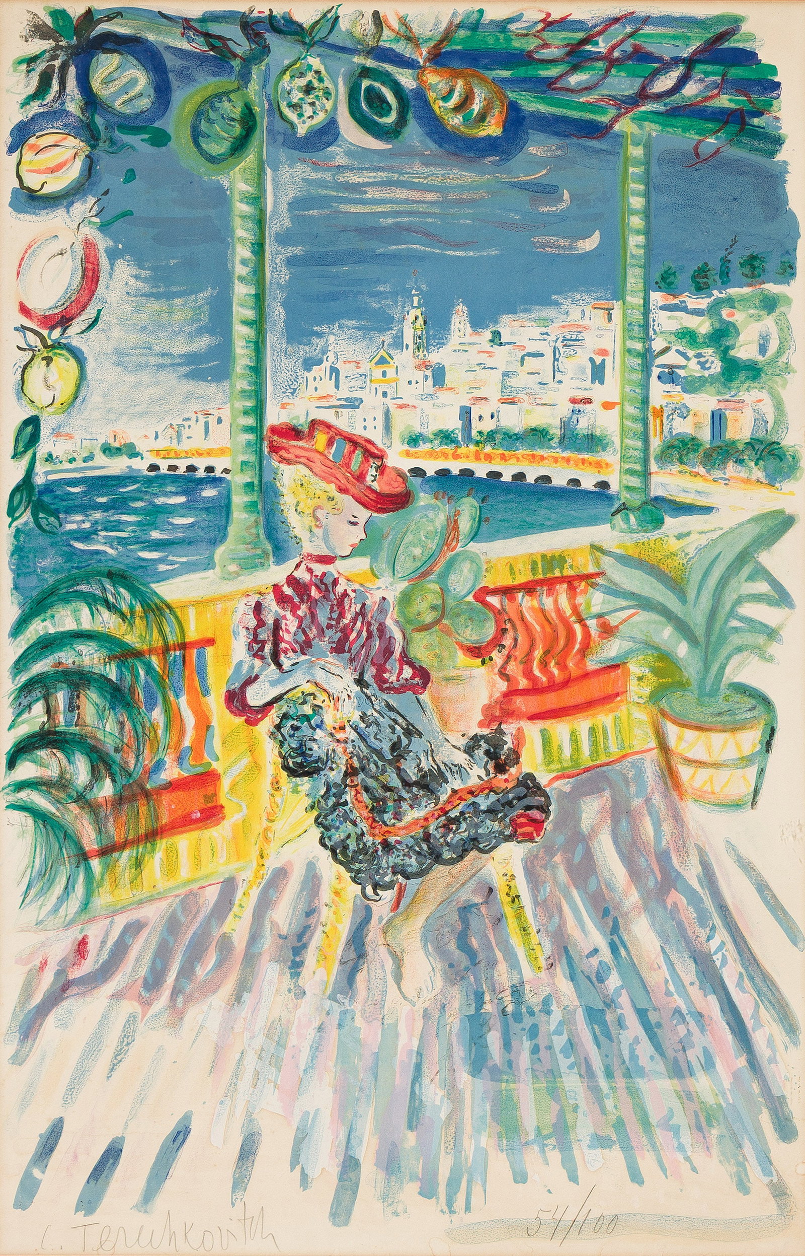 Constantin Andréevitch Terechkovitch, 1902-1978, [Menton]. Color lithograph. Circa 1960.,: Constantin Andréevitch Terechkovitch 1902-1978 [Menton]. Color lithograph. Circa 1960. Condition A-: minor creases and slight water staining at edges; crease in lower left image; hand-signed and 