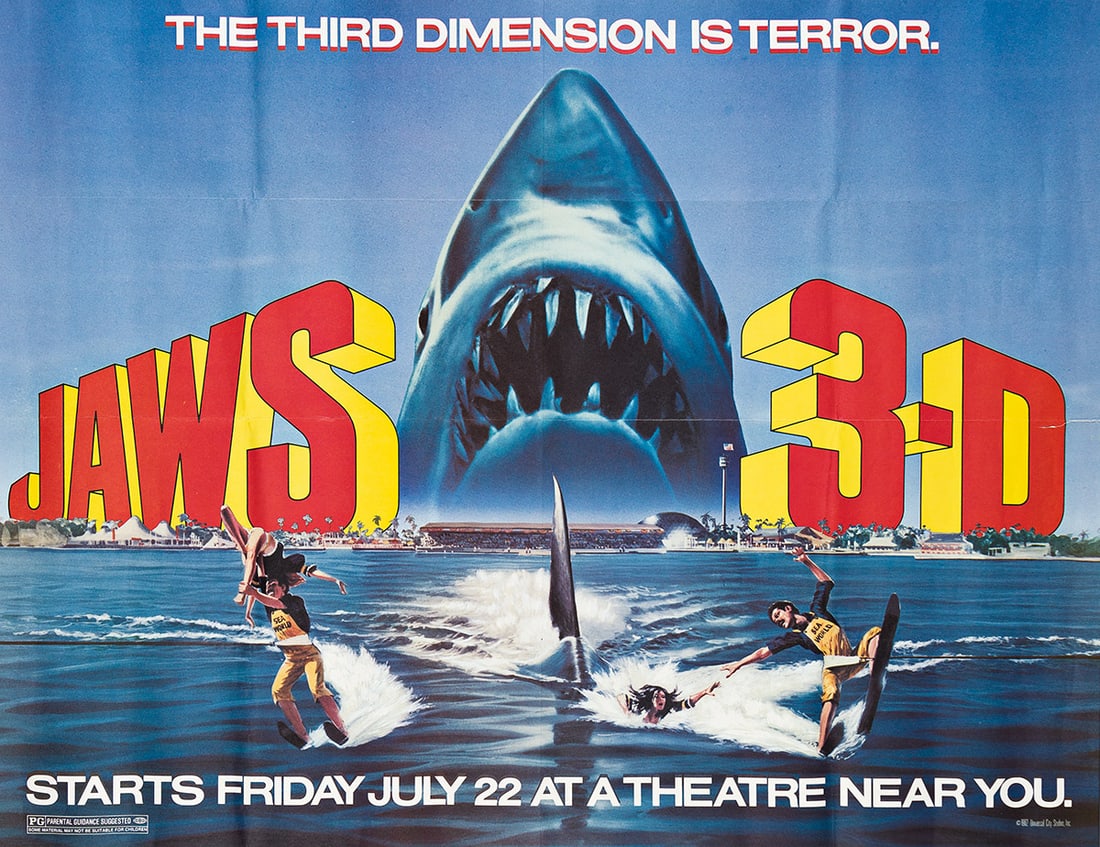 Designer Unknown, Jaws 3 - D / The Third Dimension is Terror. 1983.: Designer Unknown Jaws 3 - D / The Third Dimension is Terror. 1983. Conditions B+: tape-repaired tears at right edge, along fold; creases and abrasions in image and along sharp vertical and horizontal 