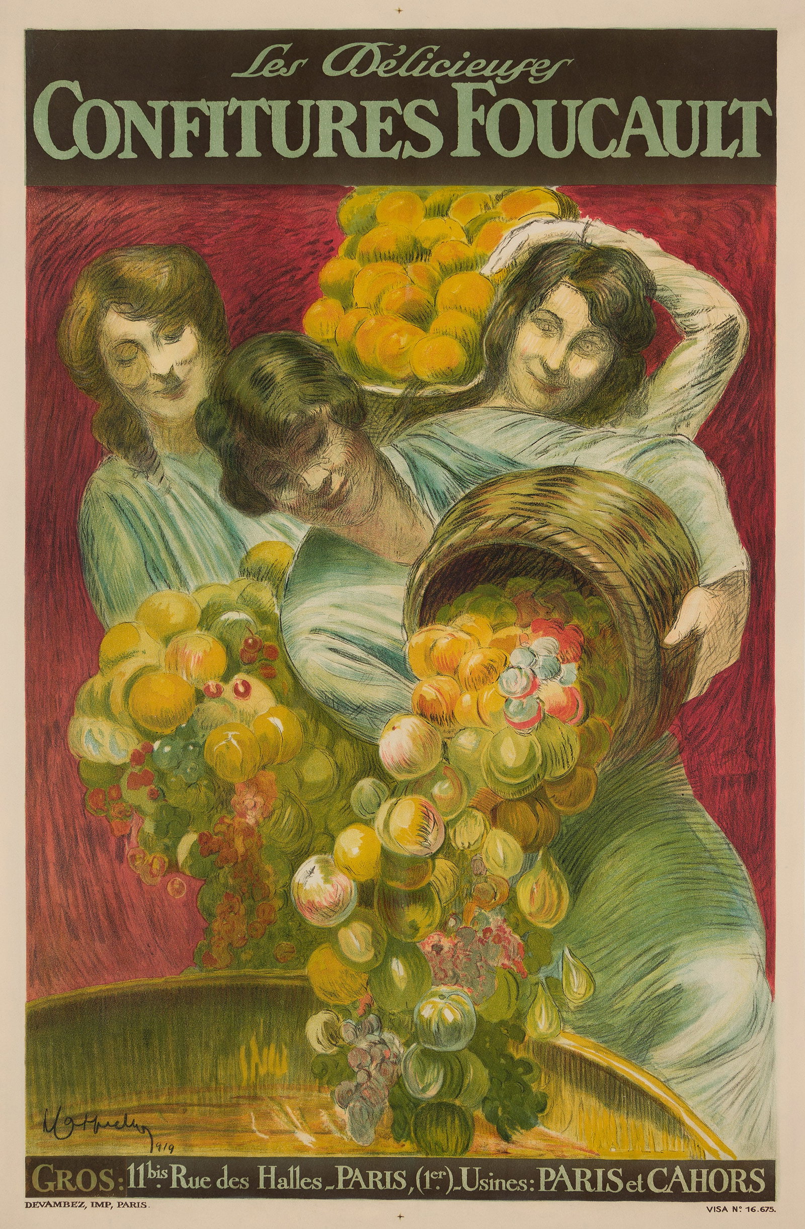 Leonetto Cappiello, Les Délicieuses Confitures Foucault. 1919.: Leonetto Cappiello 1875-1942 Les Délicieuses Confitures Foucault. 1919. Condition A-: expert overpainting in margins; minor restoration along vertical and horizontal folds; paper text insert at b