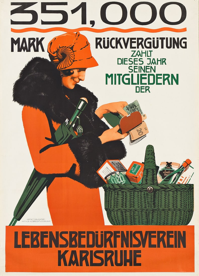 Designer Unknown, Lebensbedürfnisverein Karlsruhe. Circa 1925.: Designer Unknown Lebensbedürfnisverein Karlsruhe. Circa 1910. Condition A-: small tears and repaired tears at edges; creases in margins and image; small pin holes in corners. Paper. The Karlsruhe
