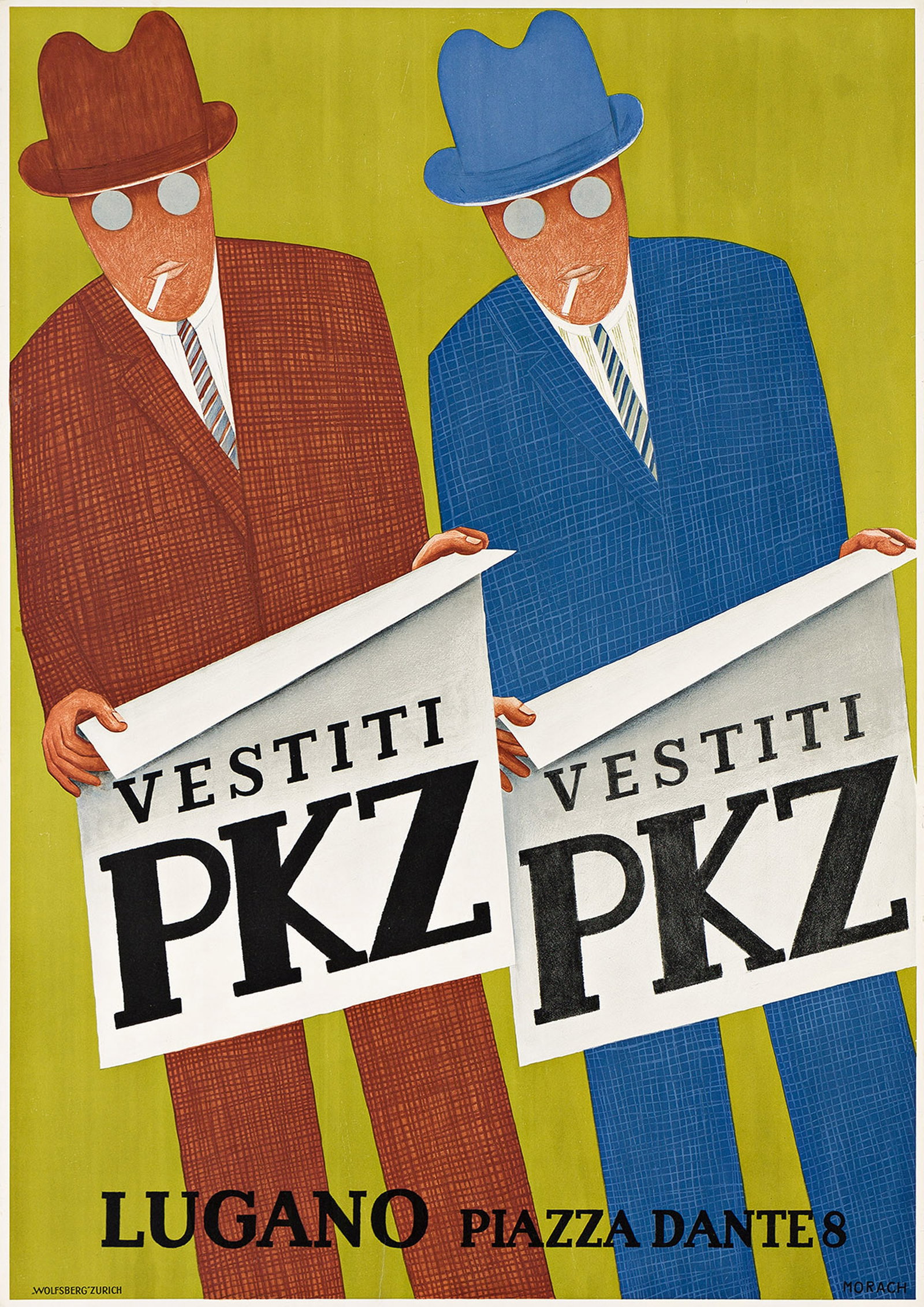 Otto Morach, Vestiti PKZ.1928.: Otto Morach 1887-1973 Vestiti PKZ. 1928. Condition B+ / B: repaired tears at edges, some into image; creases and some bubbling in image. Mounted on linen, to foamcore. Morach is best known for elongat