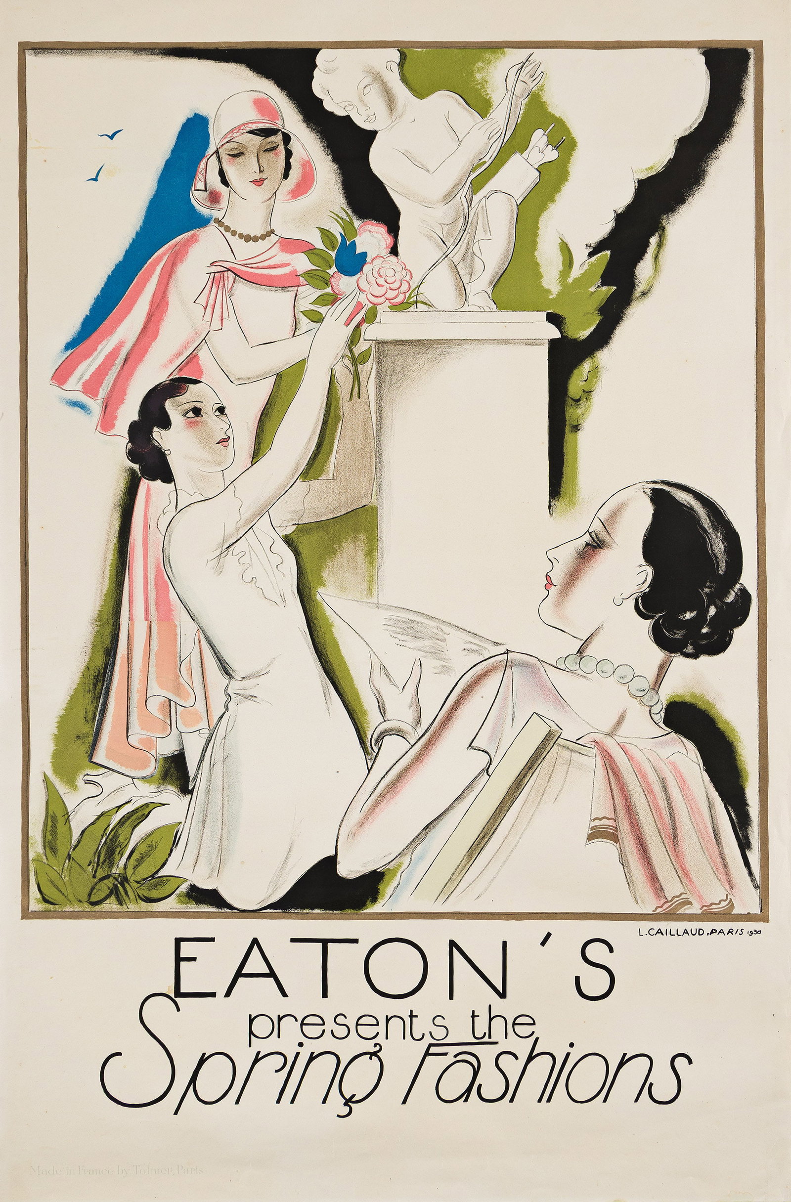 Louis Caillaud, Eaton's Presents the Spring Fashions. 1930.: Louis Caillaud 1894-1960 Eaton's Presents the Spring Fashions. 1930. Condition B+: minor repaired tears at edges; creases and slight staining and foxing in image and at bottom edge. Paper insert in lo