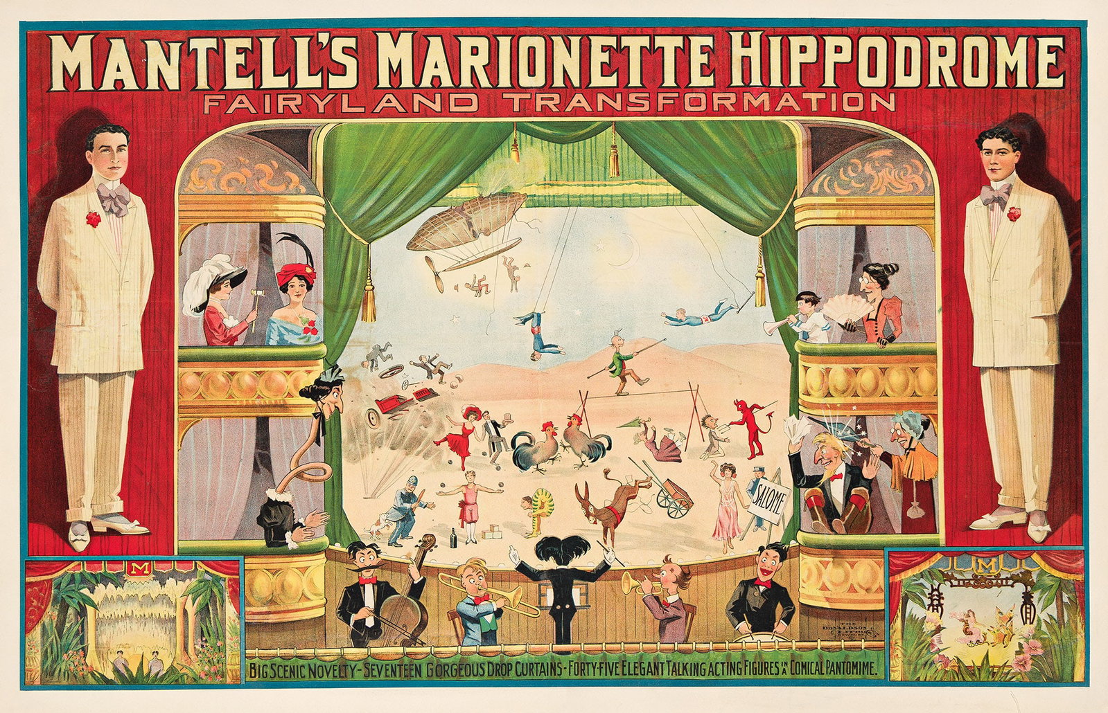 Designer Unknown, Mantell's Marionette Hippodrome. Circa 1910s.: Designer Unknown Mantell's Marionette Hippodrome. Circa 1910s. Condition B+: repaired tears, replaced losses and overpainting in text and image; minor restoration in margins and along vertical and hor