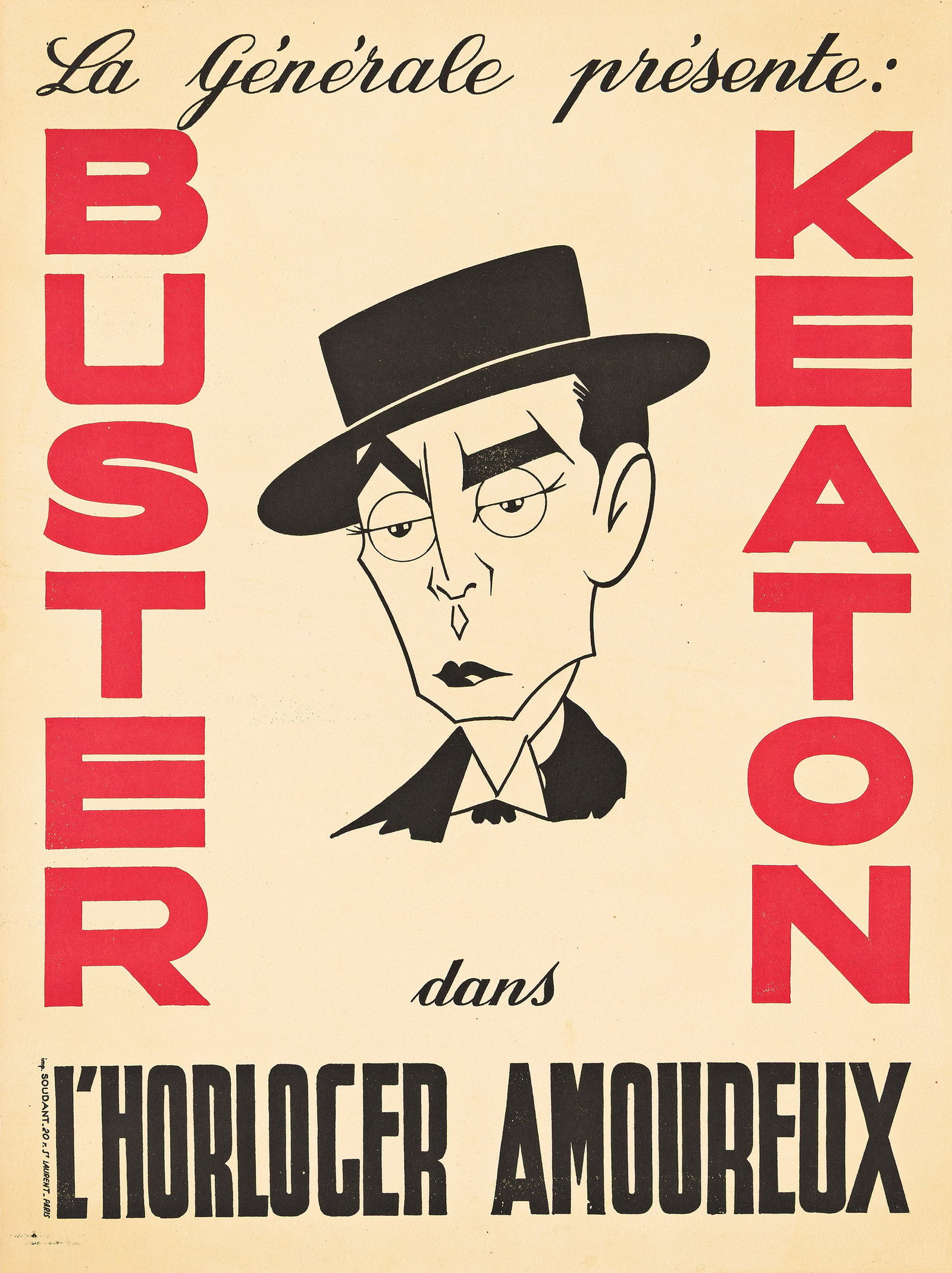 Designer Unknown. Buster Keaton / L'Horloger Amoureux. 1934.: Designer Unknown Buster Keaton / L'Horloger Amoureux. 1934. Condition A-: repaired tear at left edge; minor foxing and staining in image. 32x23¾ inches, 81¼x60¼ cm. Soudant, Paris.