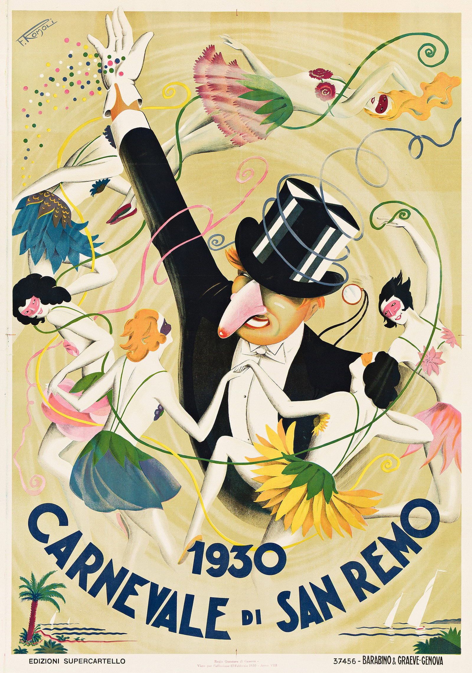 Filippo Romoli, Carnevale di San Remo. 1930.: Filippo Romoli 1901-1969 Carnevale di San Remo. 1930. Condition A-: minor repaired tears, creases and abrasions in margins and along vertical and horizontal folds. 55x39 inches, 139¾x99 cm. Barab