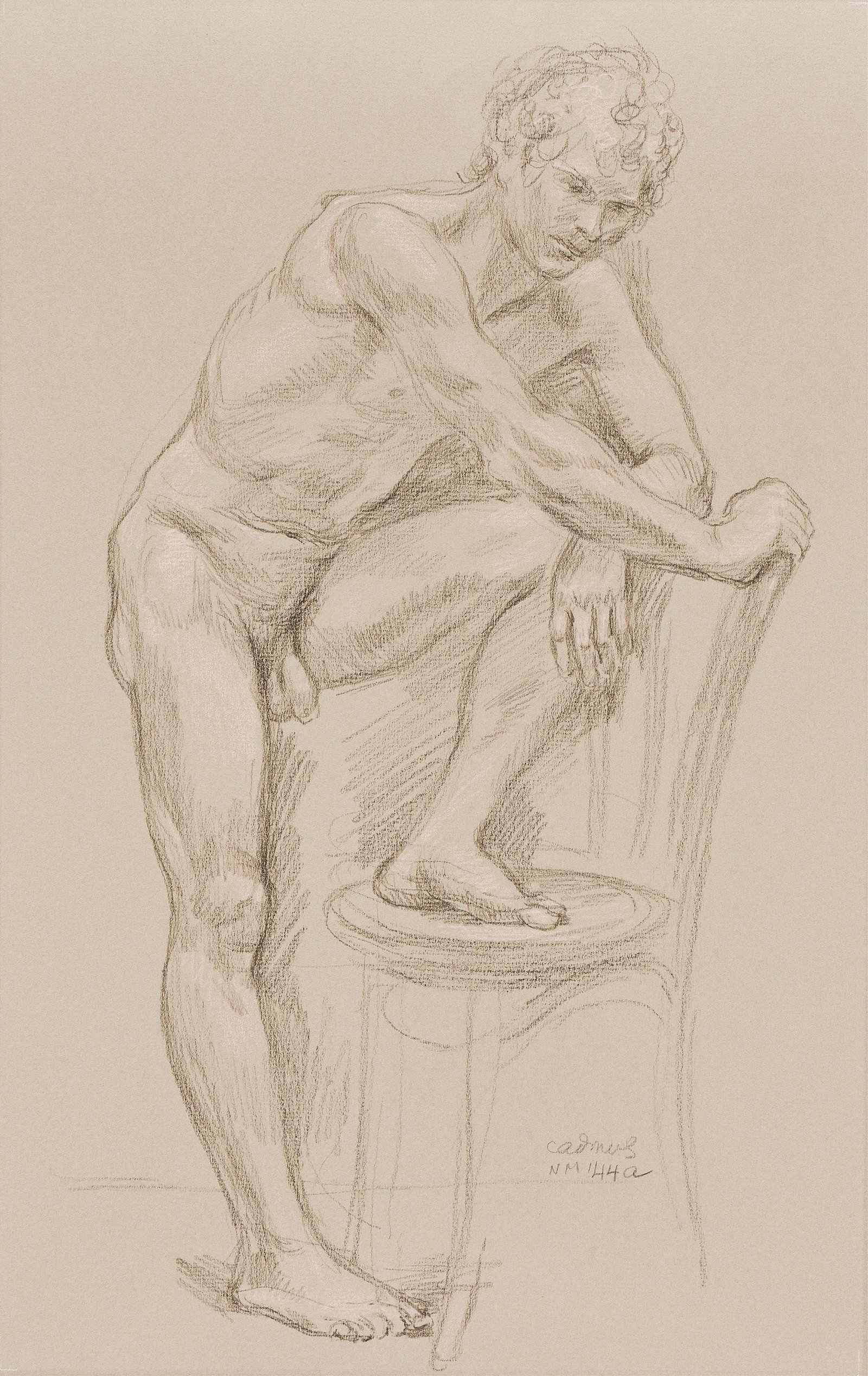 Paul Cadmus, Untitled, (NM 144a).: Paul Cadmus (1904-1999) Untitled, (NM 144a) Pencil and red chalk on gray paper. Circa 1970s. Signed and numbered in pencil, lower right. 19 x 13 in. (48.3 x 33 cm.), Frame: 27 1/2 x 21 in. (69.9 x 53.