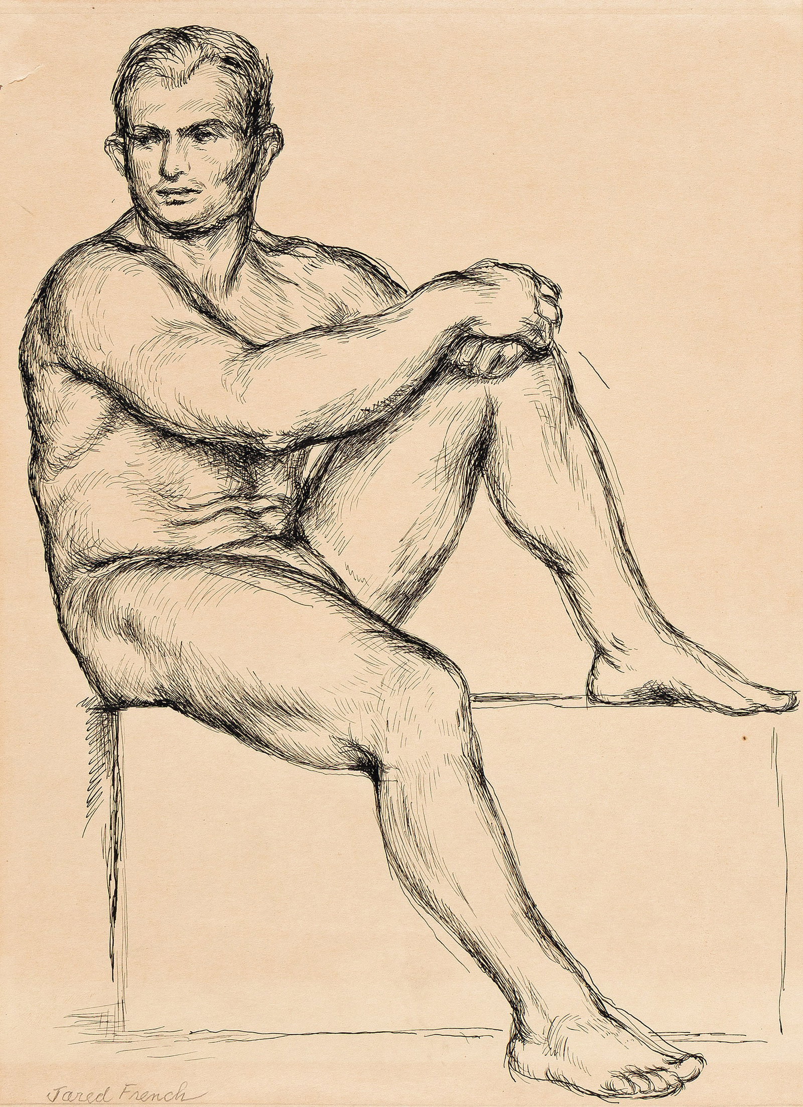 Jared French, Two studies of male models. Circa 1930.: Jared French 1905-1988 Two studies of male models. i) Seated Model. Ink on thin tan wove paper, circa 1930. Signed in pencil, lower left. 14 1/2 x 10 1/4 in. (37 x 26 cm.) ii) Standing Model. Pencil a