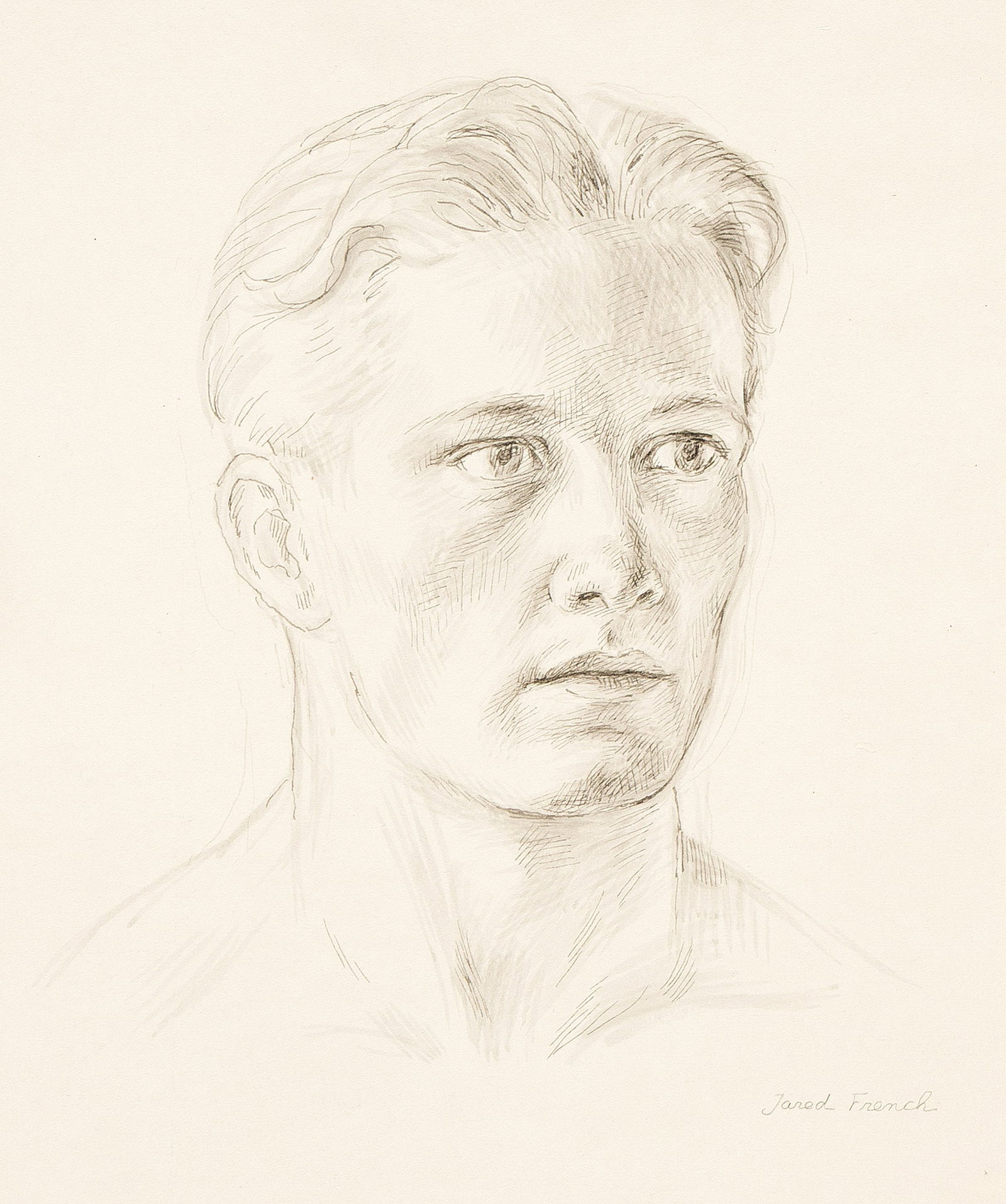 Jared French, Three drawings of young men. Circa 1940.: Jared French (1905-1988) Three drawings of young men. Circa 1940. i) Head #4. Pencil on J. Whatman Handmade paper, circa 1940. Signed lower right, and inscribed along the lower edge. 14 1/2 x 10 5/8 i