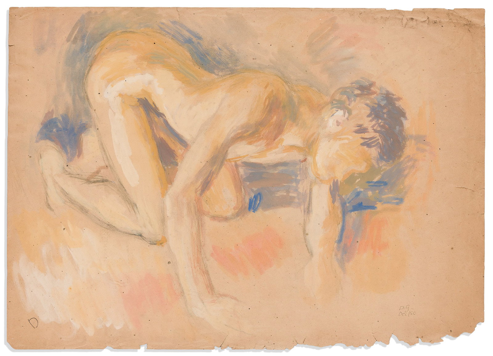 Duncan Grant, Untitled (Paul Roche). 1950.: Duncan Grant 1885-1978 Figure on Hands and Knees (Paul Roche). Pencil and watercolor on paper, 1950. Signed with initials and dated "Dec/50", lower right. Inscribed "Paul Roche (Don)" in ink, verso. 1