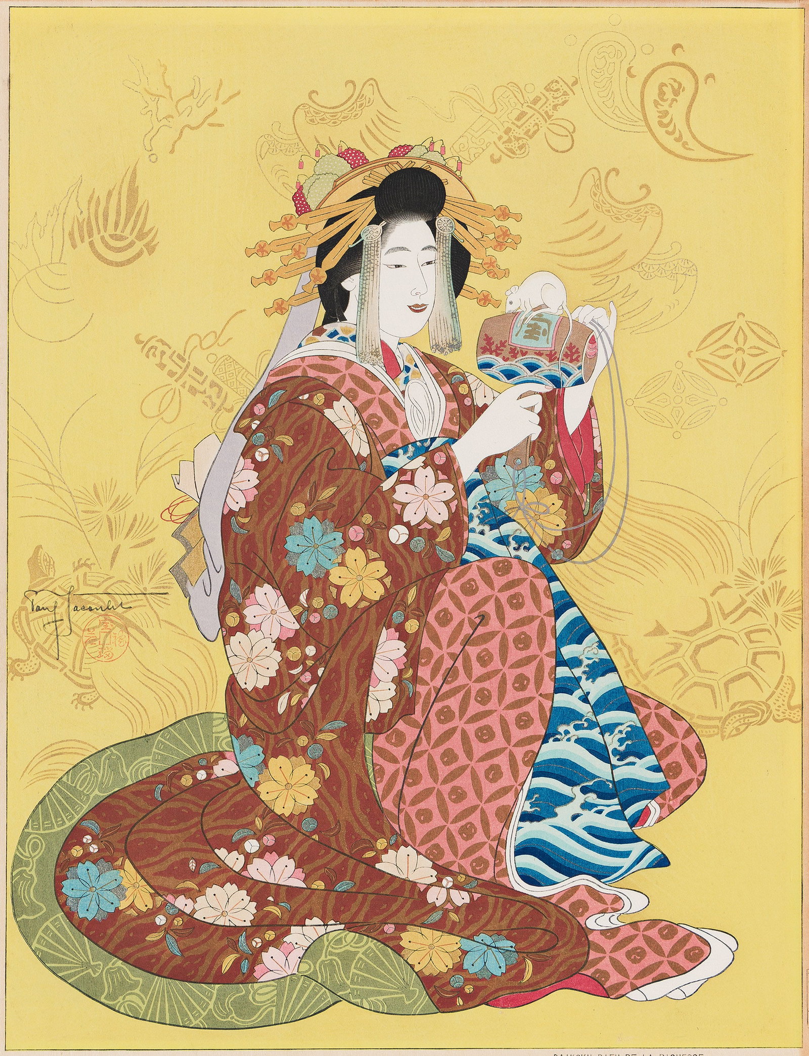 Paul Jacoulet, Pair of color woodblock prints. 1952.: Paul Jacoulet 1896-1960 Paul Jacoulet, Pair of color woodblock prints. 1952. Pair of color woodblock prints with metallic and powdered pearl highlights, 1952. (i) Ebisu, Dieu du Bonheur Personnifi