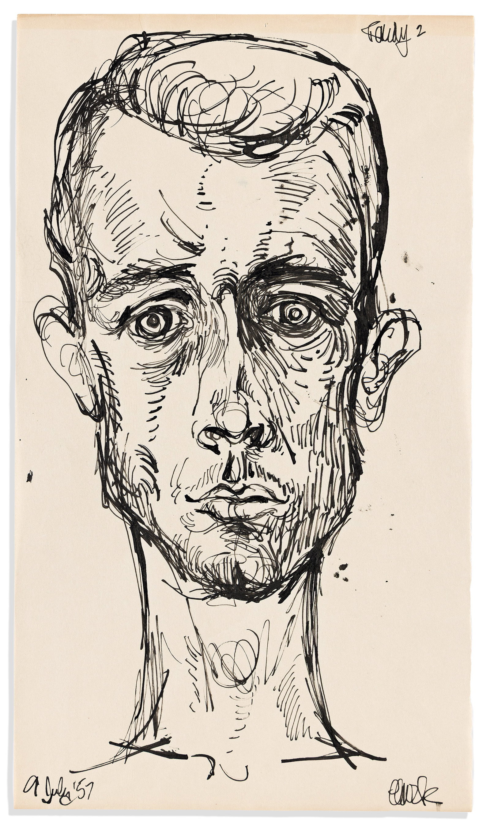 Robert Indiana, Portrait of Ellsworth Kelly. 1956.: Robert Indiana 1928-2018 Portrait of EK (Ellsworth Kelly) * Randy 2. i) Portrait of EK (Ellsworth Kelly). Pen and ink with pencil on Hammermill cream wove paper, 1956. Initialed and dated in pencil, l