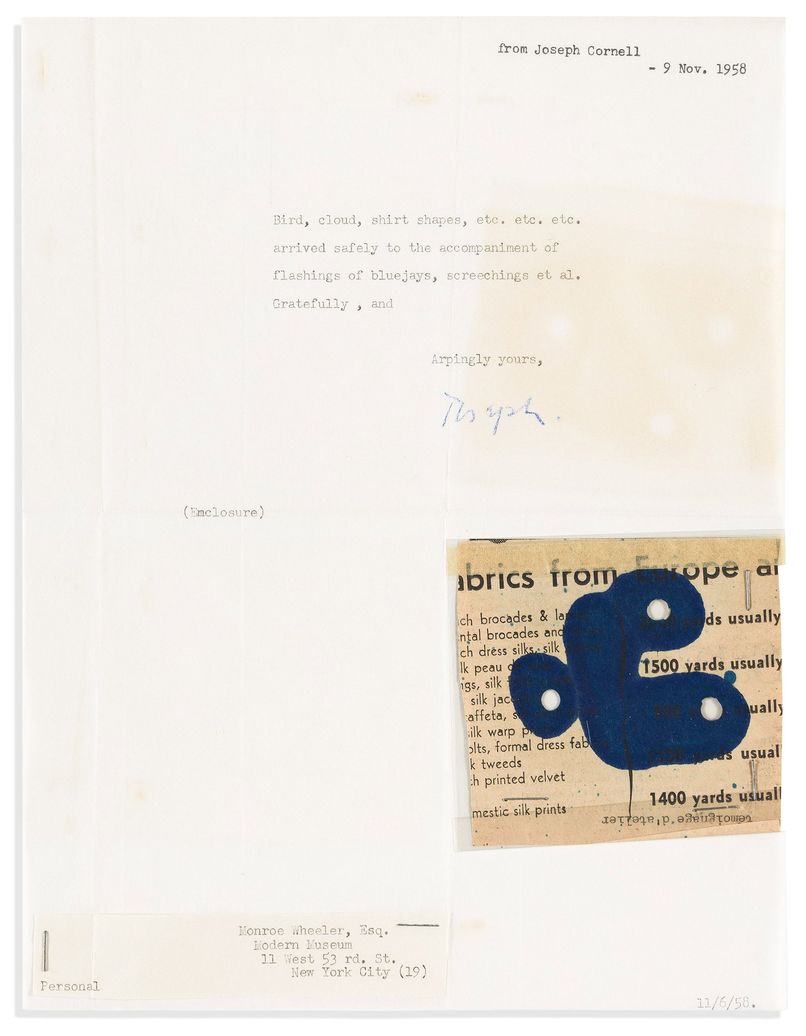 Joseph Cornell, Typed Note Signed, "Arpingly yours, / Joseph," in blue pencil, with a small Hans (1 of 1)