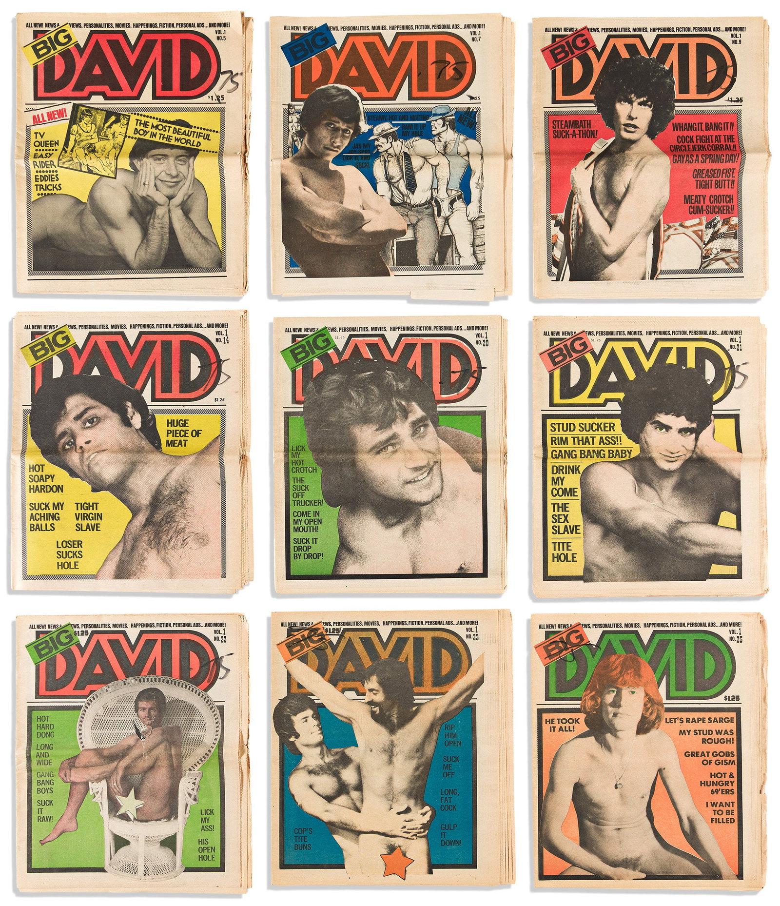 Group of 63 New York tabloids including issues of Big David; Dick, the Paper with Balls; and Gay: Group of 63 New York tabloids including issues of Big David; Dick, the Paper with Balls; and Gay Power. 63 tabloid weeklies, most about 32 pages; not collated, minor wear and toning, a few photos cut 