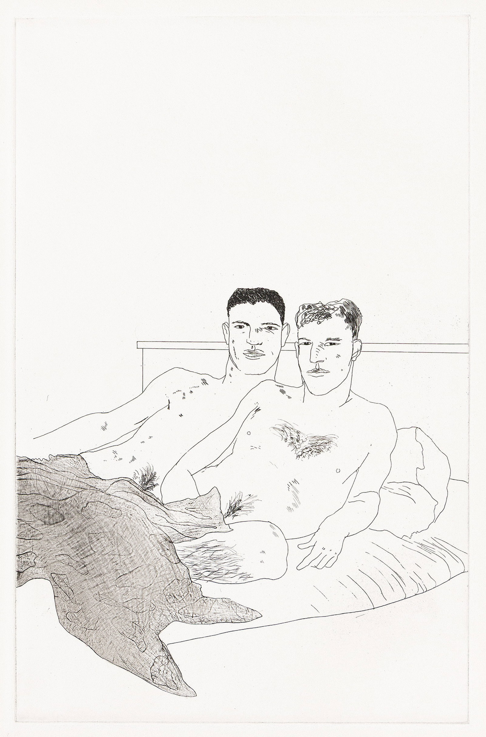 David Hockney, The Beginning. 1966.: David Hockney 1937-2026 The Beginning. Etching and aquatint on handmade Crisbrook paper, 1966. Edition of 550. Printed and published by Alecto Studios, London. From Illustrations for 14 Poems by C.P. 