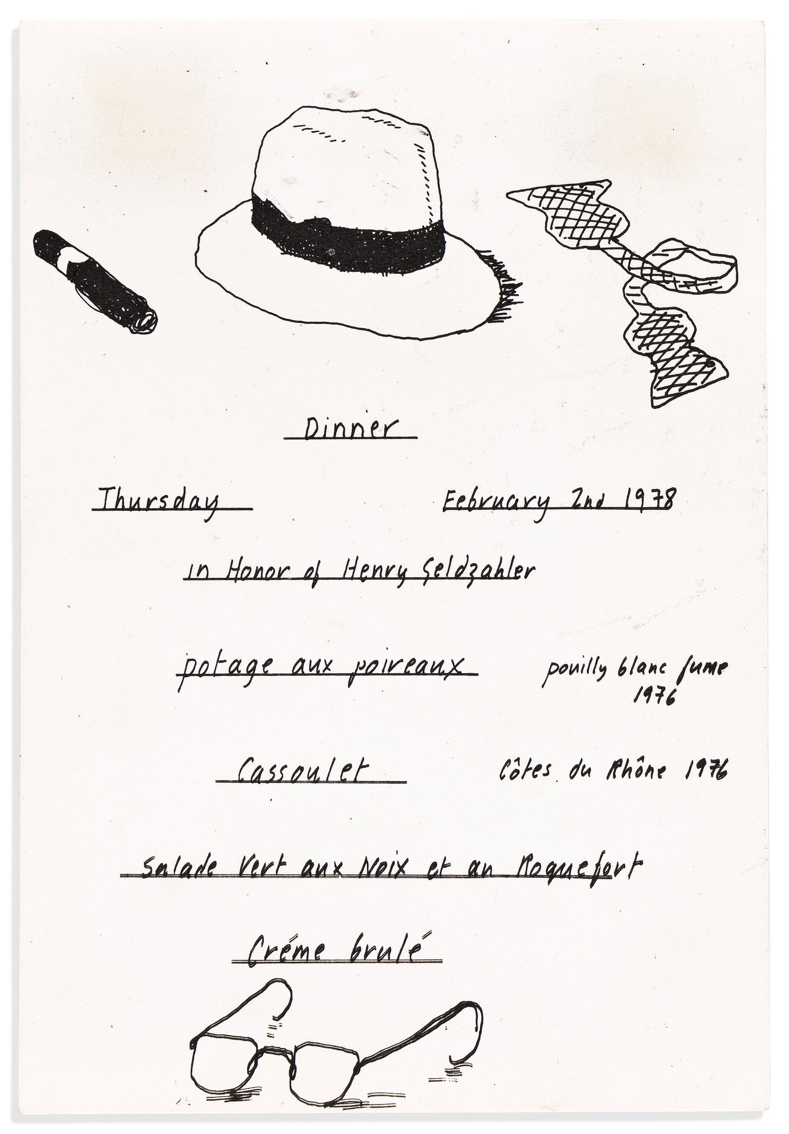 David Hockney, Reproduction of his Menu for Dinner in Honor of Henry Geldzahler. Circa 1978.: David Hockney 1937-2026 Reproduction of his Menu for Dinner in Honor of Henry Geldzahler. Circa 1978. Signed, with his holograph London address and phone, on verso. Below Hockney's address is the New 