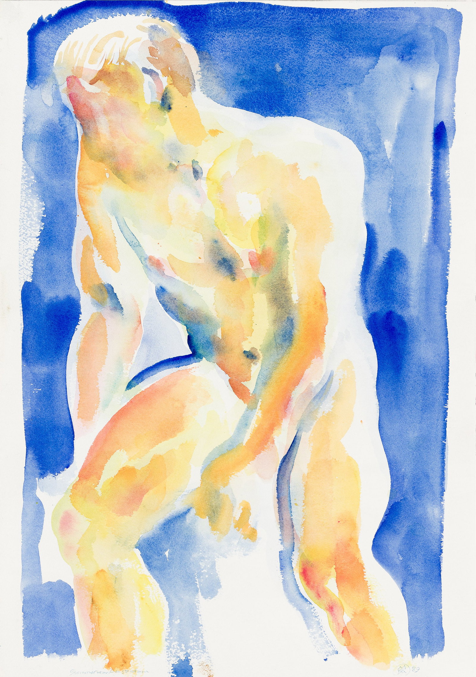 Fred Mitchell, Swimmer, Near Amsterdam. 1989.: Fred Mitchell 1923-2013 Swimmer, Near Amsterdam. Watercolor on paper, 1989. Signed with artist's monogram and dated in pencil, lower right. Inscribed as titled in pencil, lower left. 20 x