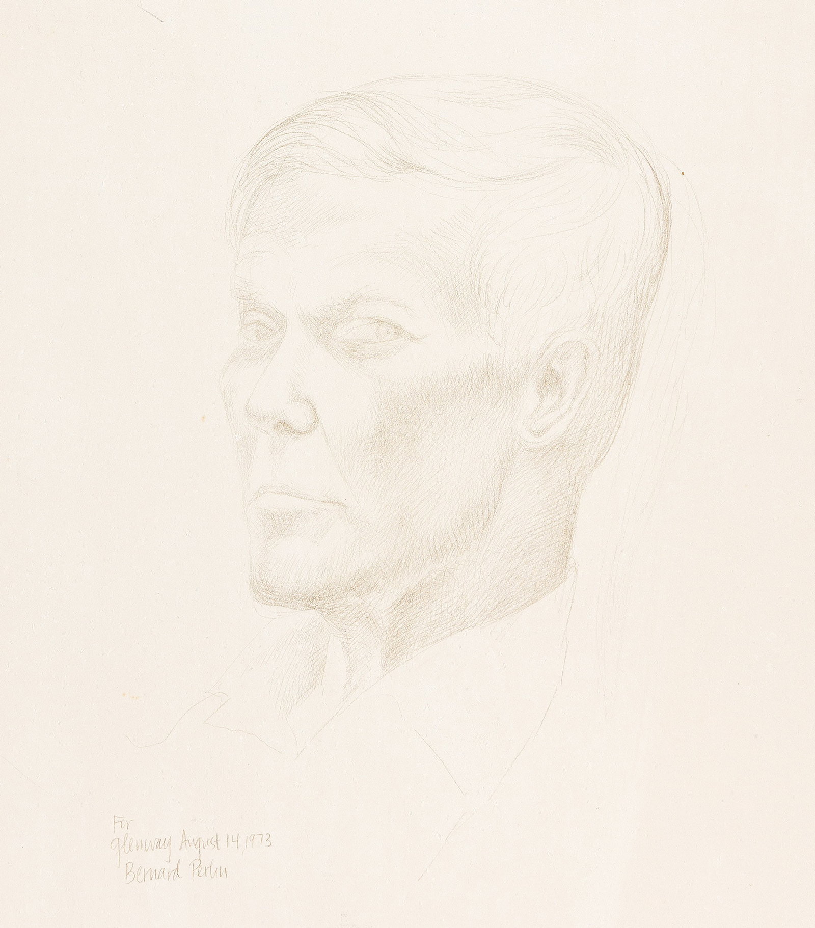 Bernard Perlin, Portrait of a Man. 1973.: Bernard Perlin 1918-2014 Portrait of a Man. Silverpoint on thick cream wove paper, 1973. Signed, dated "August 14 1973" and dedicated "for Glenway" in silverpoint, lower left. 14 1/4 x 11 in. (36.2 x 