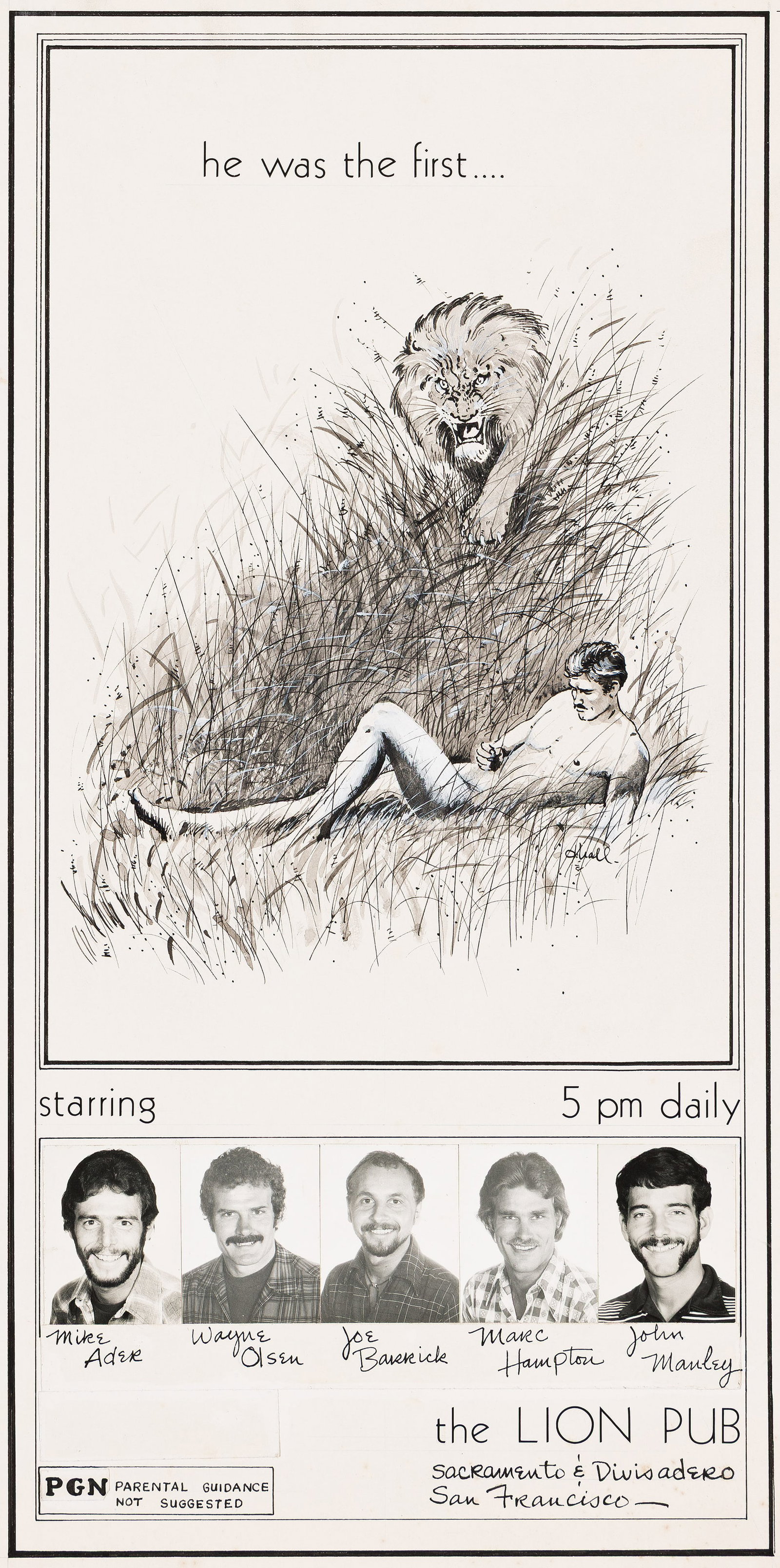 [Richard Roesener], Original artwork for an advertisement for the Lion Pub. 1975.: [Richard Roesener] 1947-1985 Original artwork for an advertisement for the Lion Pub. 1975. Ink and gouache on artist board, signed "DHall," with 5 photographs laid down; minor wear and foxing, typical