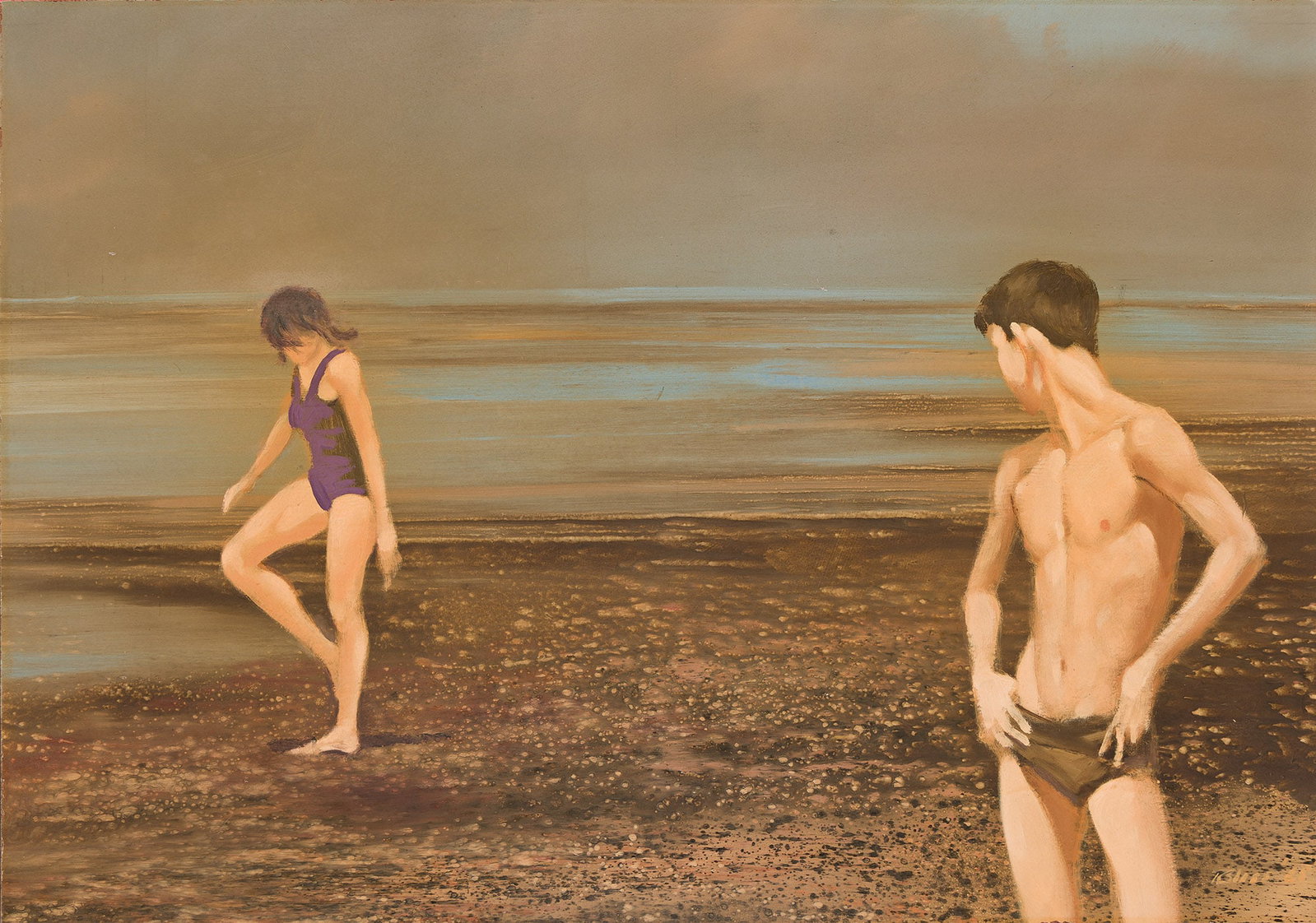 Robert R. Bliss, Boy and Girl on the Shore. 1965.: Robert R. Bliss 1925-1981 Boy and Girl on the Shore. Oil on board, 1965. Signed and dated, lower right. 23 1/2 x 33 3/4 in. (59.7 x 85.7 cm.) Frame: 25 x 35 in. (63.5 x 88.9 cm.)