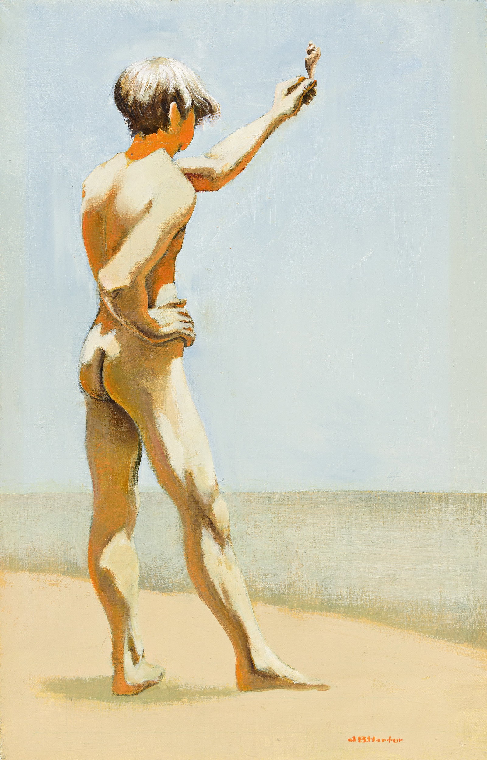 John Burton Harter, Beach Boy. 1969.: John Burton Harter 1940-2002 Beach Boy. 1969. Oil on canvas. Signed, lower right. 28 1/4 x 18 1/4 in. (71.8 x 46.4 cm.) Frame: 33 1/4 x 21 1/8 in. (84.5 x 53.7 cm.)