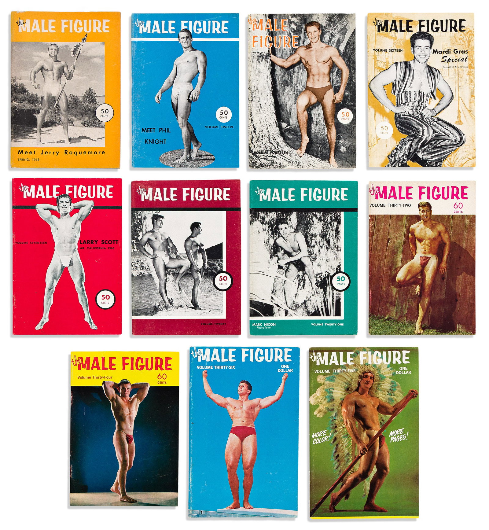 Group of beefcake magazines, including a run of "The Male Figure" by Bruce of Los Angeles, and more. (1 of 5)