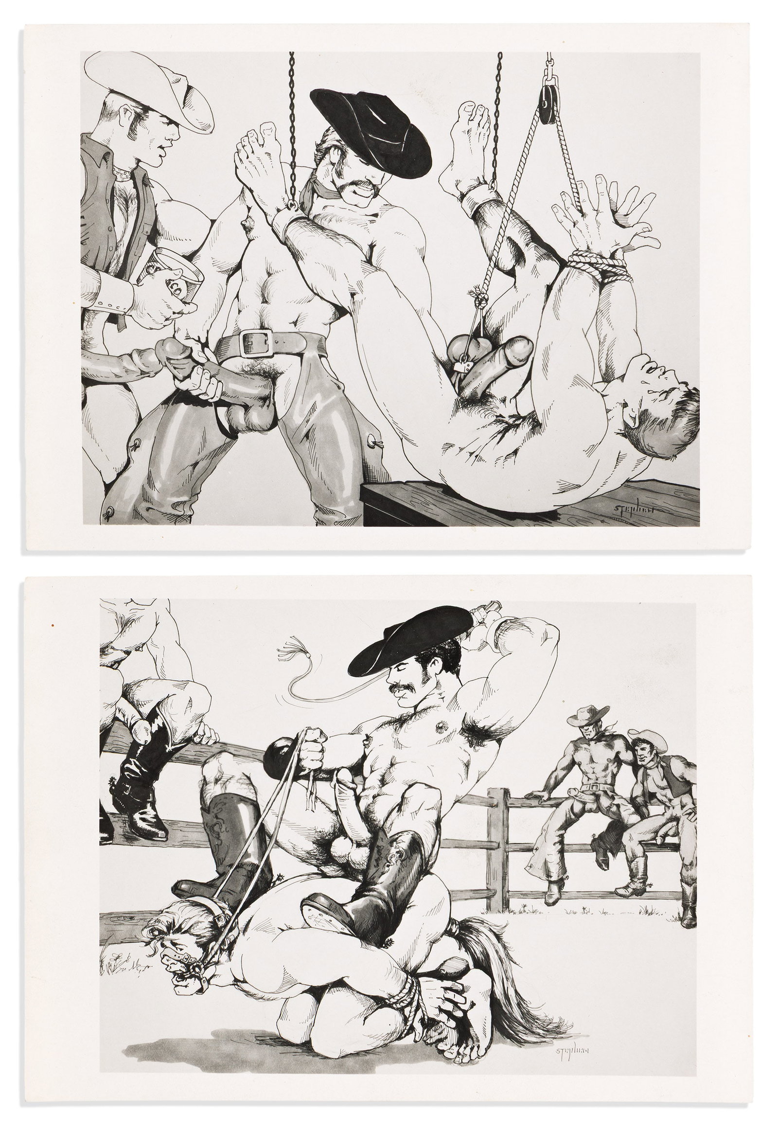 (Dom Orejudos) Etienne, A group of four chromogenic prints of his erotic art under his pseudonym: (Dom Orejudos) Etienne A group of four chromogenic prints of his erotic art under his pseudonym Stephen. Circa 1970s. Chromogenic prints Signed as alias Stephen. 7 x 5 in. (17.8 x 12.7 cm.)