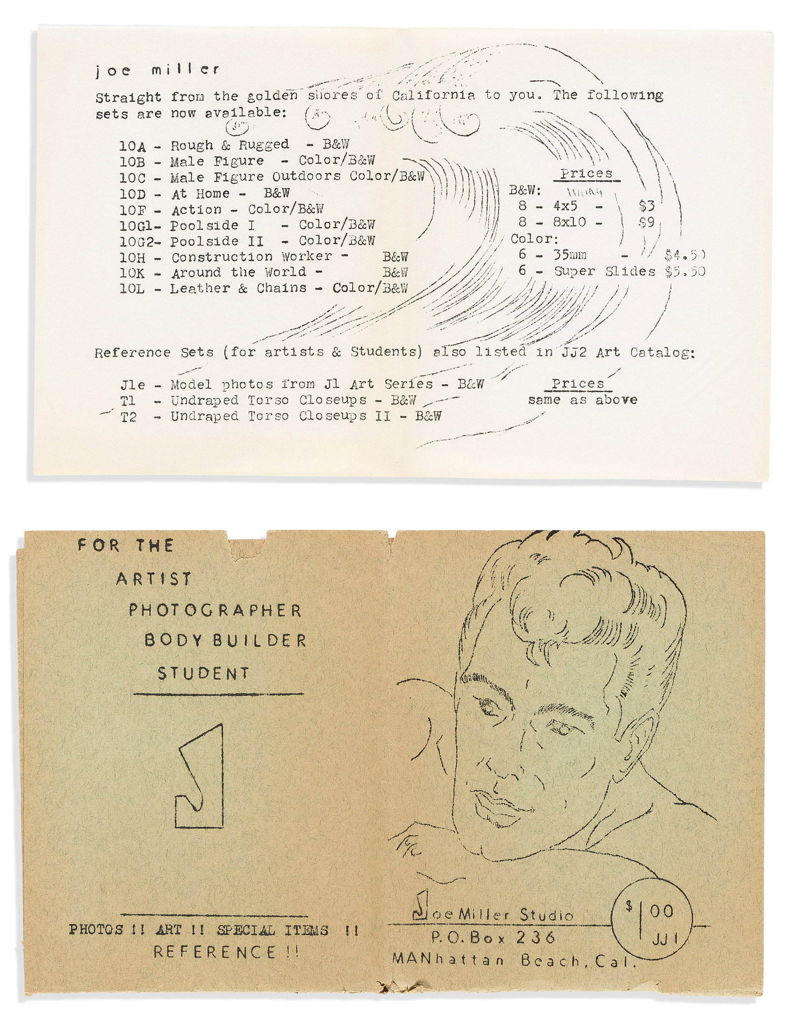Promotional booklet from the studio of beefcake photographer Joe Miller. Early 1960's.: Promotional booklet from the studio of beefcake photographer Joe Miller. 11 items including illustrated wrapper, various sizes, all folding into one booklet-sized packet; moderate wear. "MANhattan Bea
