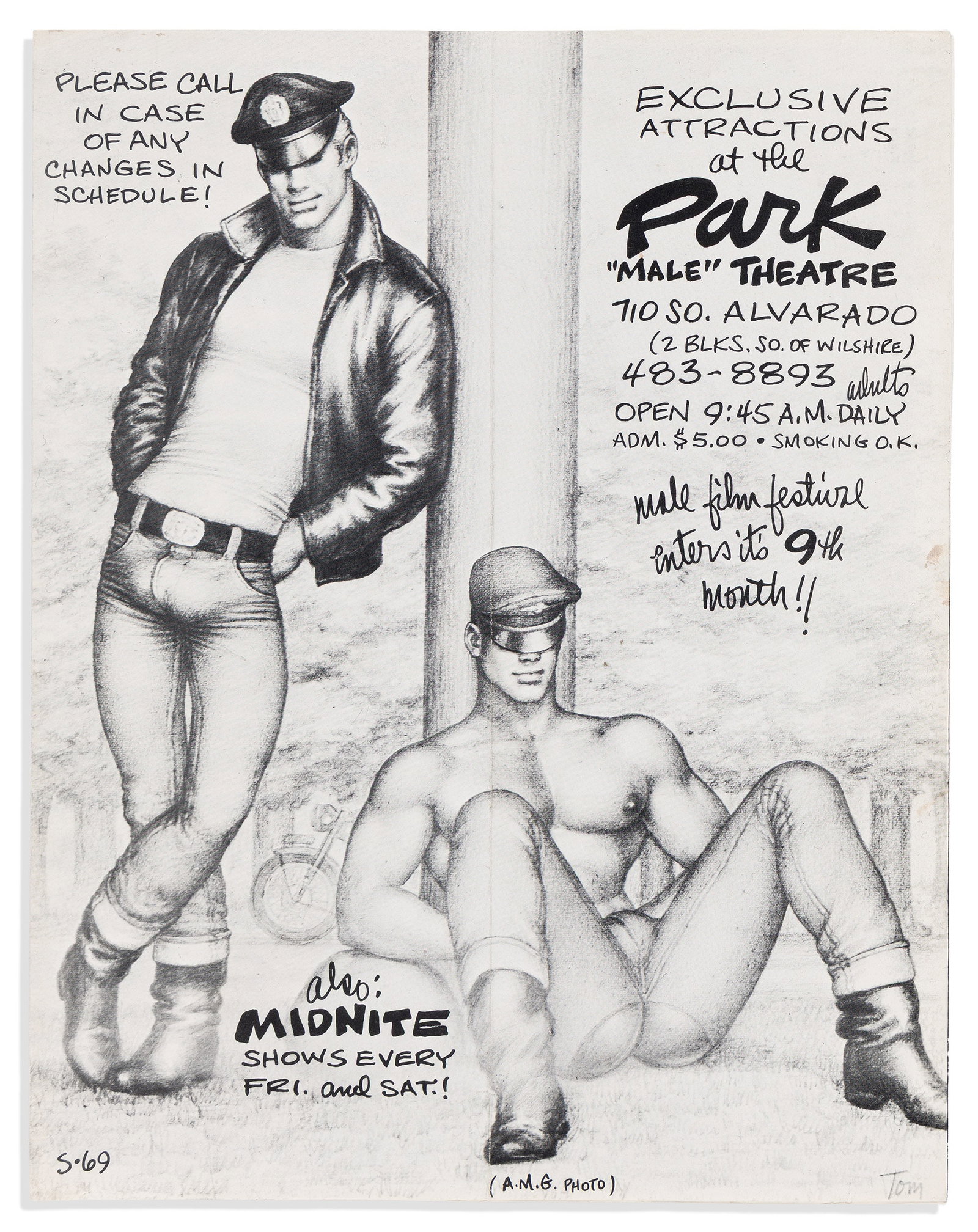 Exclusive Attractions at the Park "Male" Theatre, Offset flyer. 1969.: Tom of Finland 1920-1991 Exclusive Attractions at the Park "Male" Theatre. Offset flyer. 4 pages on one folding sheet; mailing folds, minimal wear. [Los Angeles], [February 1969]. Features cover art b